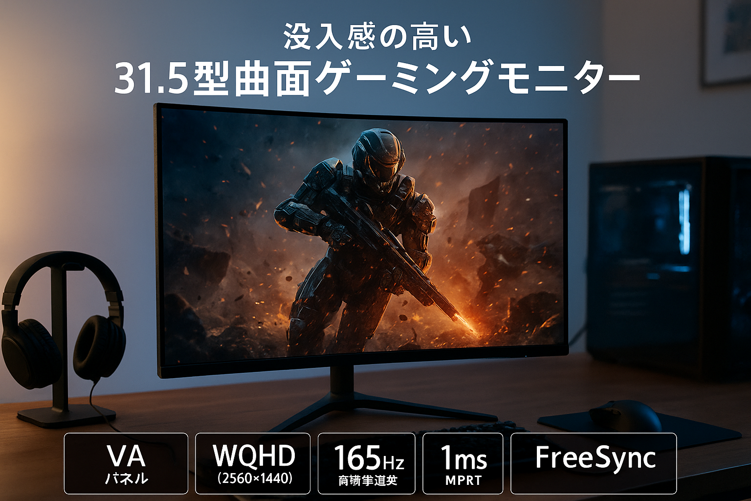 ゲーミングモニター 31.5インチ VA カーブスクリーン 165Hz WQHD フリッカーレス FreeSync 31.5型 PIP/PBP 角度調節 FullHD ブルーライトカット MPRT1.0ms HDMI2.0×2 DisplayPort1.4×2 フレームレス 壁掛け 視野角178°ノングレア adptive sync MAXZEN MGM32IC02 マクスゼン