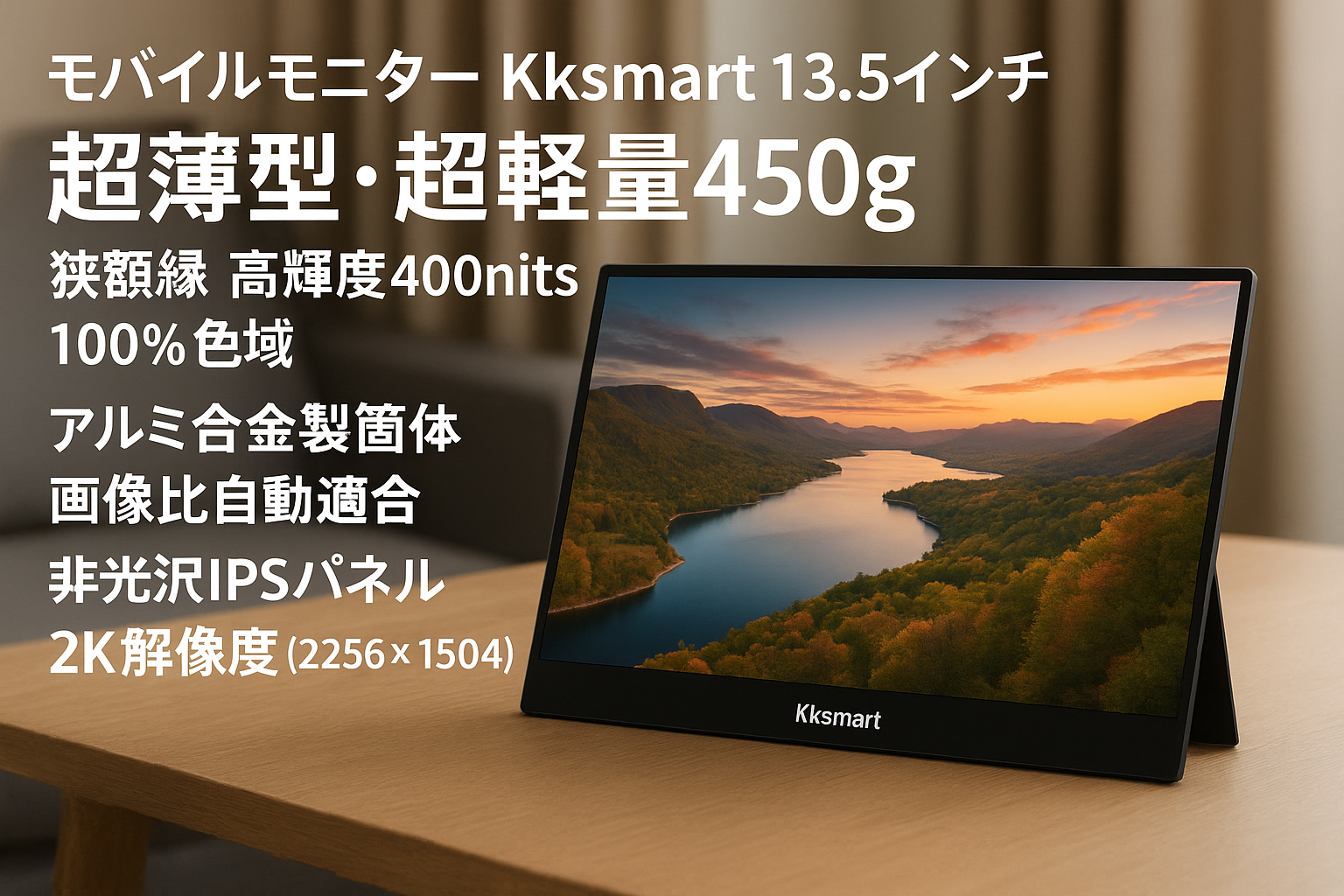 モバイルモニター kksmart 13.5インチ 超薄型 超軽量450g 狭額縁 高輝度400nits 100％色域 アルミ合金製筐体 画像比自動適合 非光沢IPSパネル2K解像度(2256x1504) NK-135