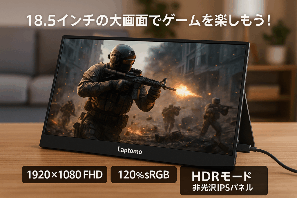 Laptomo モバイルモニター 18.5インチ 1920×1080 FHD 大画面 ゲーミングモニター 120%sRGB モバイルディスプレイ HDRモード ポータブルモニター 非光沢IPS液晶パネル VESA対応 スピーカー内蔵 USB Type-C/HDMI自立スタンド付き PS4/PS5/XBOX/Switch/PC/Mac対応