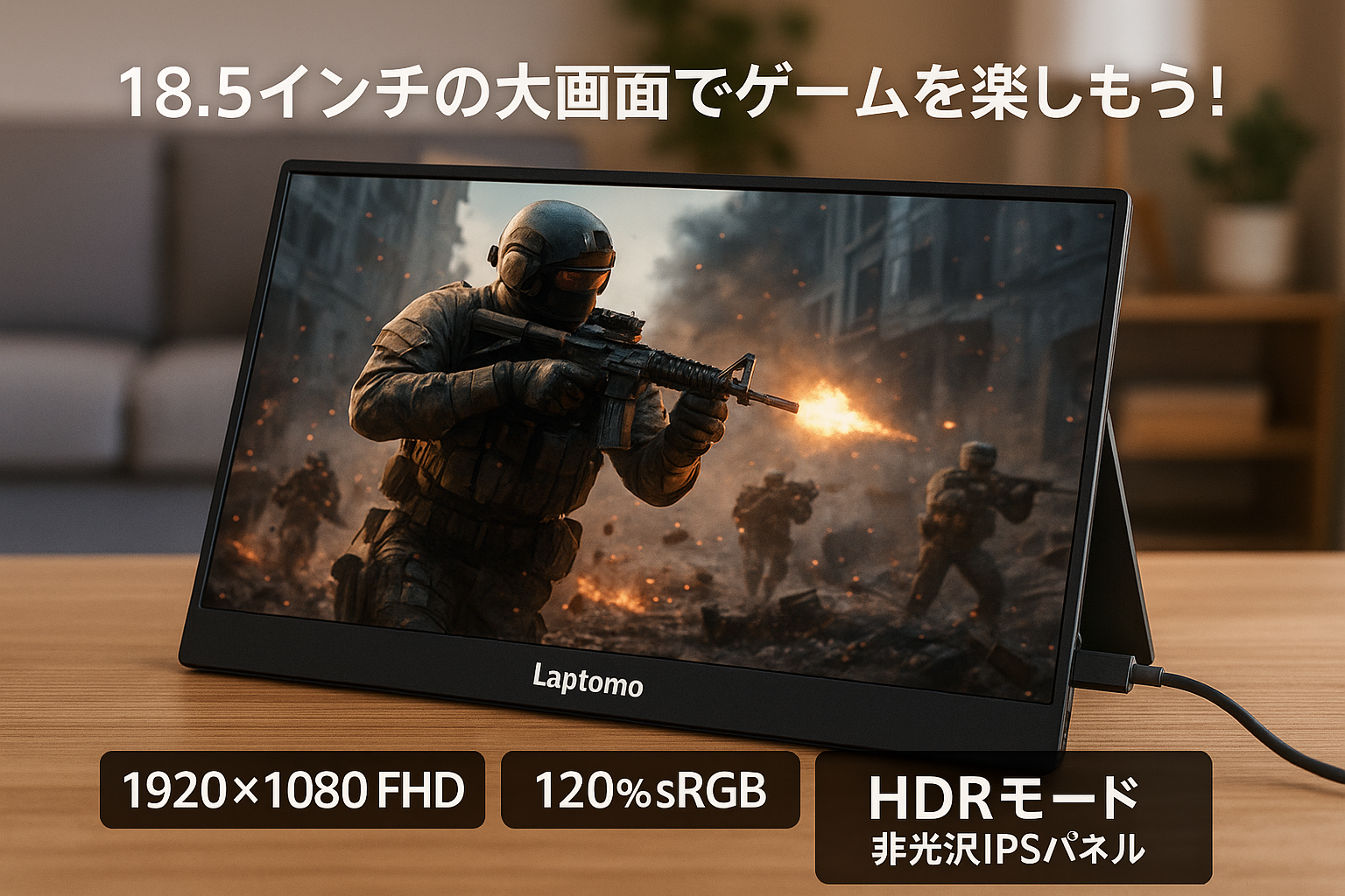 Laptomo モバイルモニター 18.5インチ 1920×1080 FHD 大画面 ゲーミングモニター 120%sRGB モバイルディスプレイ HDRモード ポータブルモニター 非光沢IPS液晶パネル VESA対応 スピーカー内蔵 USB Type-C/HDMI自立スタンド付き PS4/PS5/XBOX/Switch/PC/Mac対応