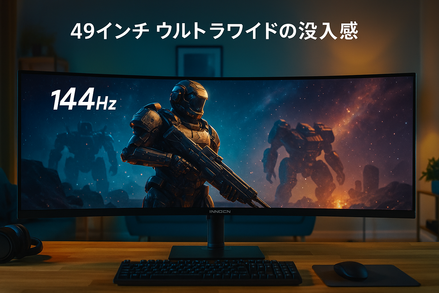 INNOCN 49インチ ゲーミング サーフェス 湾曲 モニター 144hz ウルトラワイドモニター カーブフルHD 95% DCI-P3 HDR400 HDMI/Display Port/Type-C 65W/USB/RJ45 高さ調整 ホーン 目の保護 - 49C1G