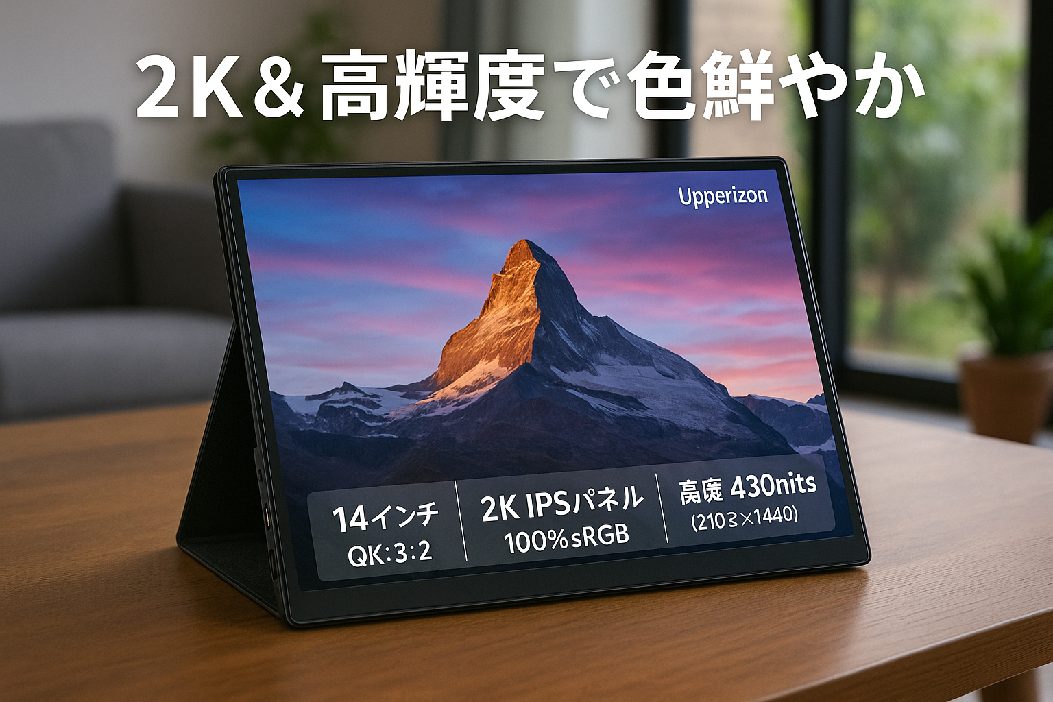 Upperizon モバイルモニター 14インチ 2K IPSパネル 100%sRGB 高輝度430nits 軽量 薄型 QHD 3:2(2160×1440) 持ち運び スタンドカバー付 スピーカー内蔵 USB Type-C×2 MiniHDMI×1 PC/スマホ/Switch/ゲーム機 ポータブルモニター モバイルディスプレイ Z-14Q