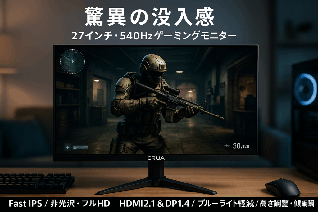 CRUA ゲーミングモニター 27インチ 540Hz PC モニター Fast IPS 非光沢 フルHD ディスプレイ HDMI2.1 & DP1.4/ブルーライト軽減/高さ調整/傾斜調整/広い視野角/壁掛け対応 3年保証 30日間返品保証