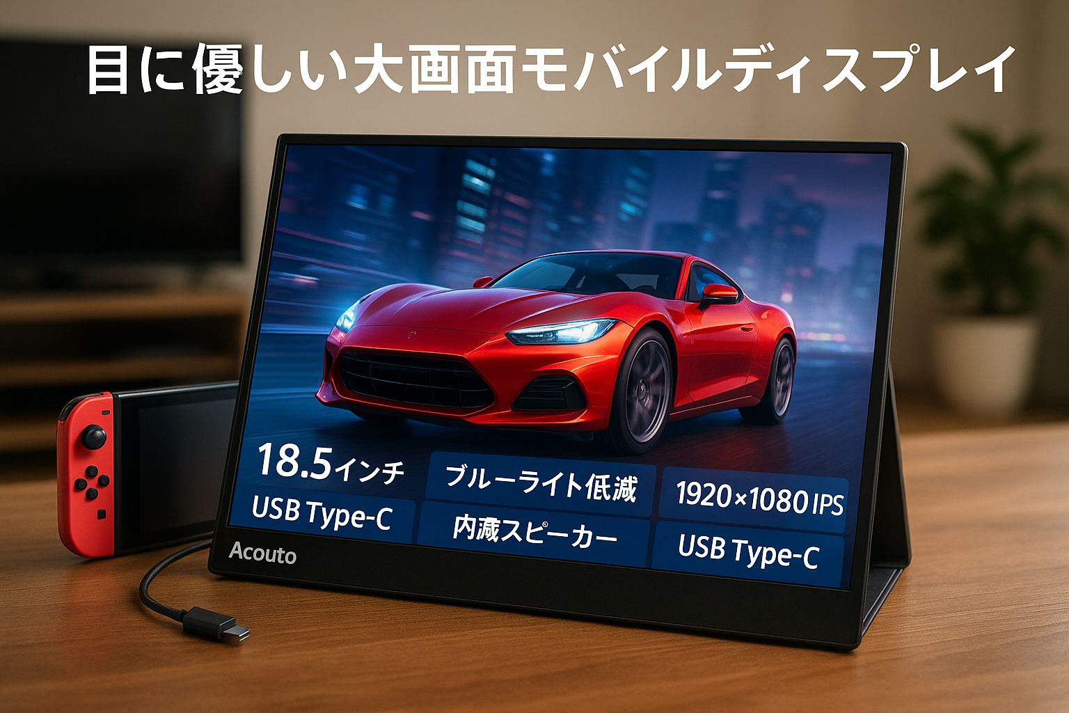 Acouto XC18 モバイルモニター 18.5インチ 疲れ目軽減/青色光源を低減 モバイルディスプレイ ゲーム スイッチ用 USB Type-C/HDMI【1920x1080/非光沢/内蔵スピーカー/スタンド付/IPSパネル/VESA対応】PS5/XBOX/Switch/PC/Macスマホなど対応
