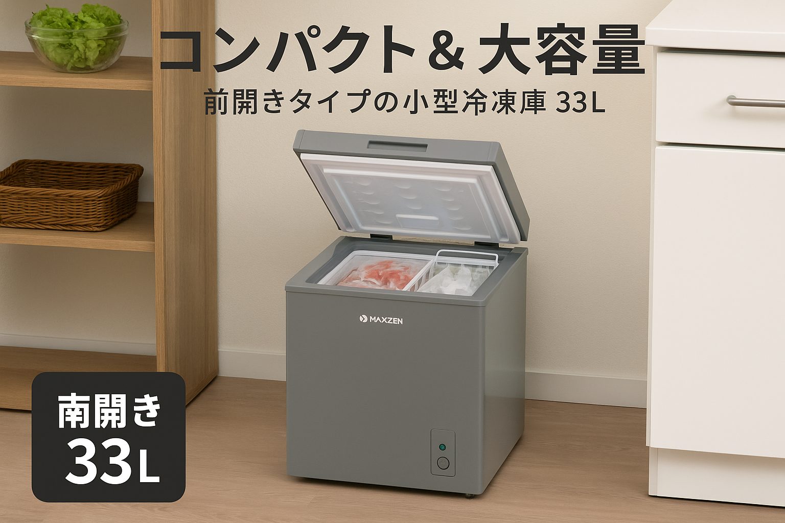 MAXZEN 冷凍庫 家庭用 小型 33L 右開き ノンフロン チェストフリーザー 前開き コンパクト フリーザー ストッカー 冷凍 スリム 氷 食材 食品 食糧 冷凍食品 保存 ストック キッチン家電 グレー JF033HM01GR マクスゼン