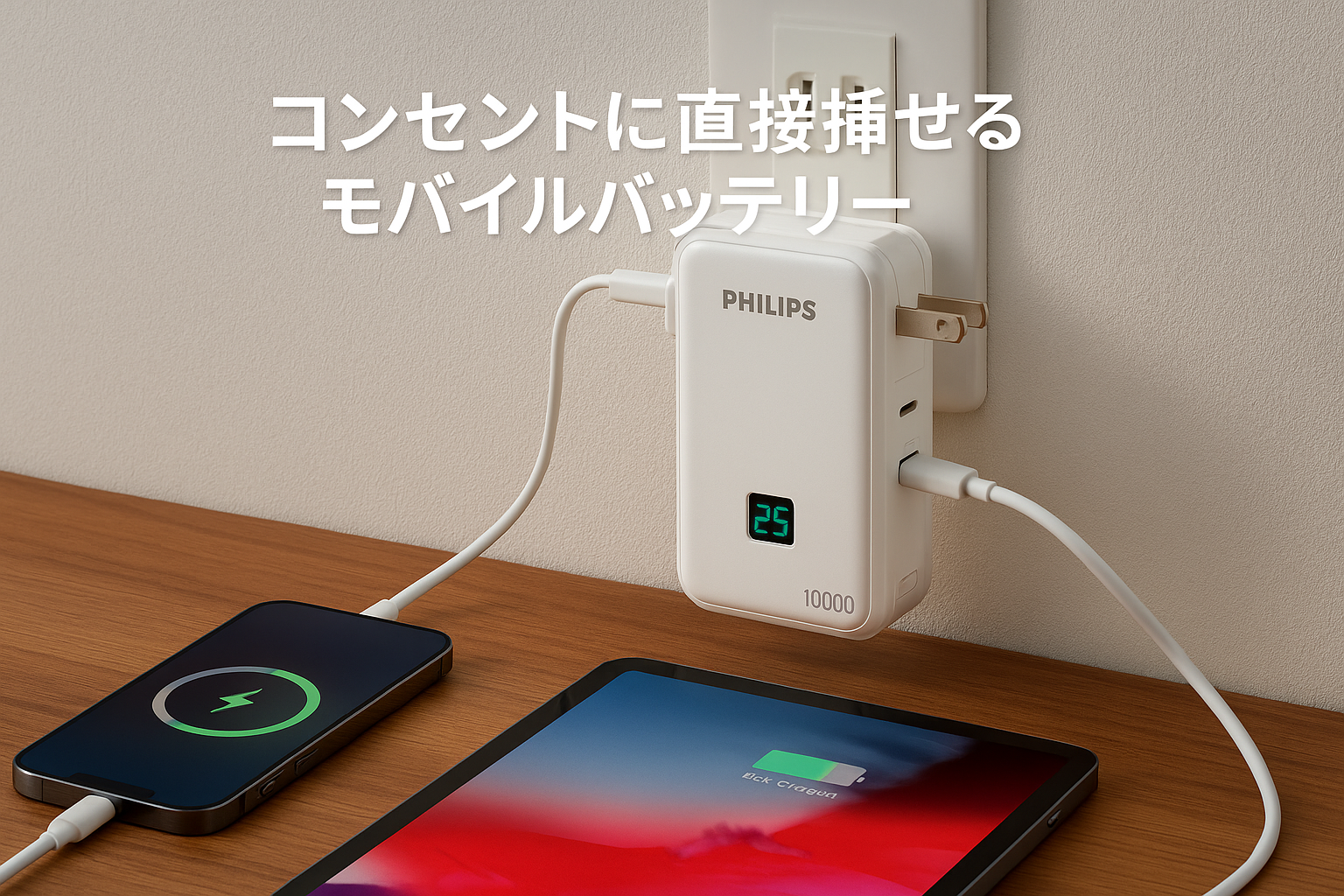 Philips(フィリップス) モバイルバッテリー コンセント一体型 10000mAh ACプラグ付き 大容量 携帯充電器 PD 20W出力 3台同時充電 折りたたみ式/Type-Cケーブル内蔵/パススルー機能/ディスプレイ搭載/アダプター変換可能 PSE認証済 ホワイト DLP4350CW