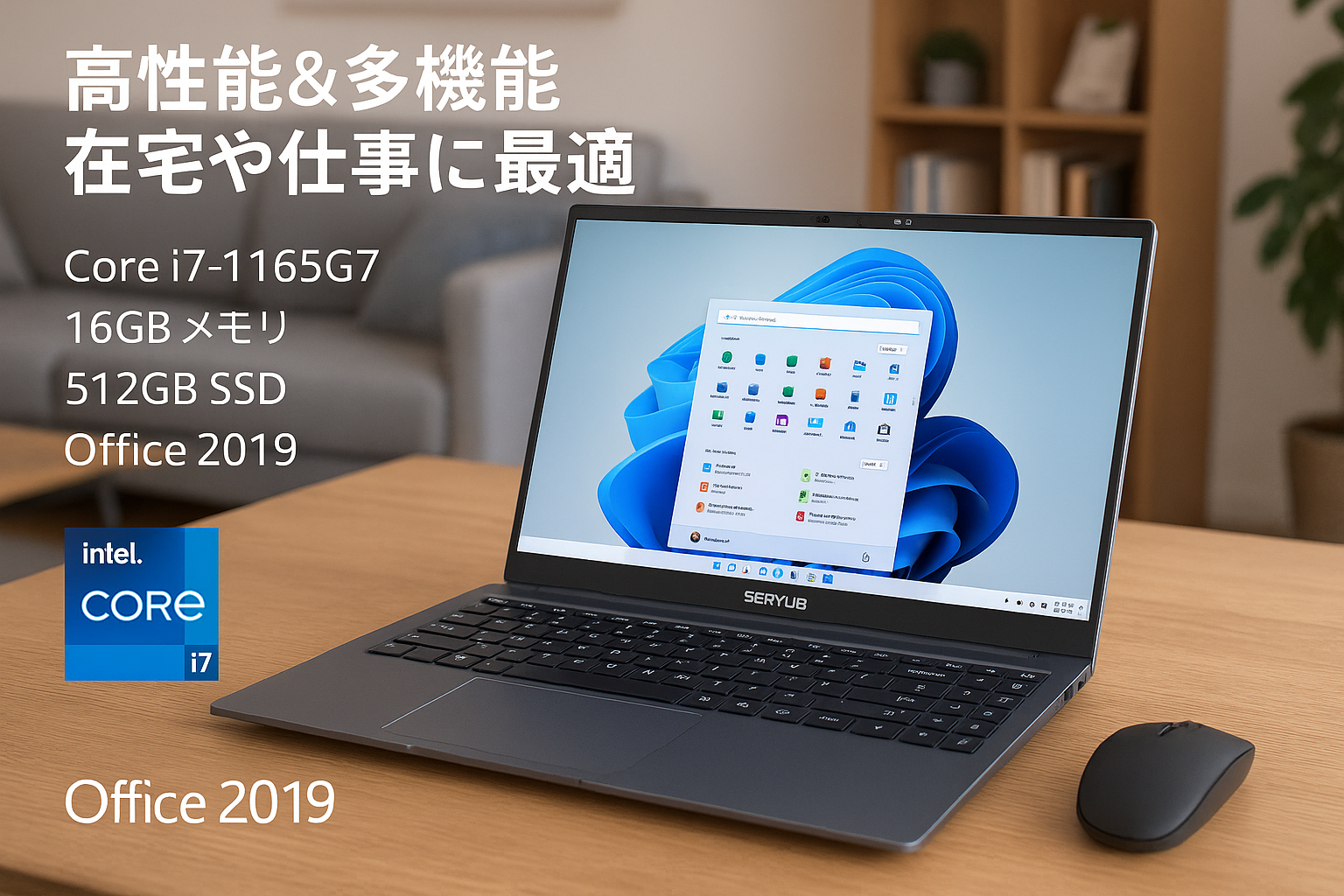 SERYUB Core i7 第11世代Core i7-1165G7ノートパソコン最大4.7GHz/15.6インチ/Windows11pro対応/MS Office 2019搭載/ DDR4 16GBメモリ/NvMe 高速512G SSD/重量1.79kg/バッテリー駆動8時間/210W webカメラ/指紋認証/無線マウス付き/在宅勤務・メディア制作・ゲーミングノートpc(512G, 16G)