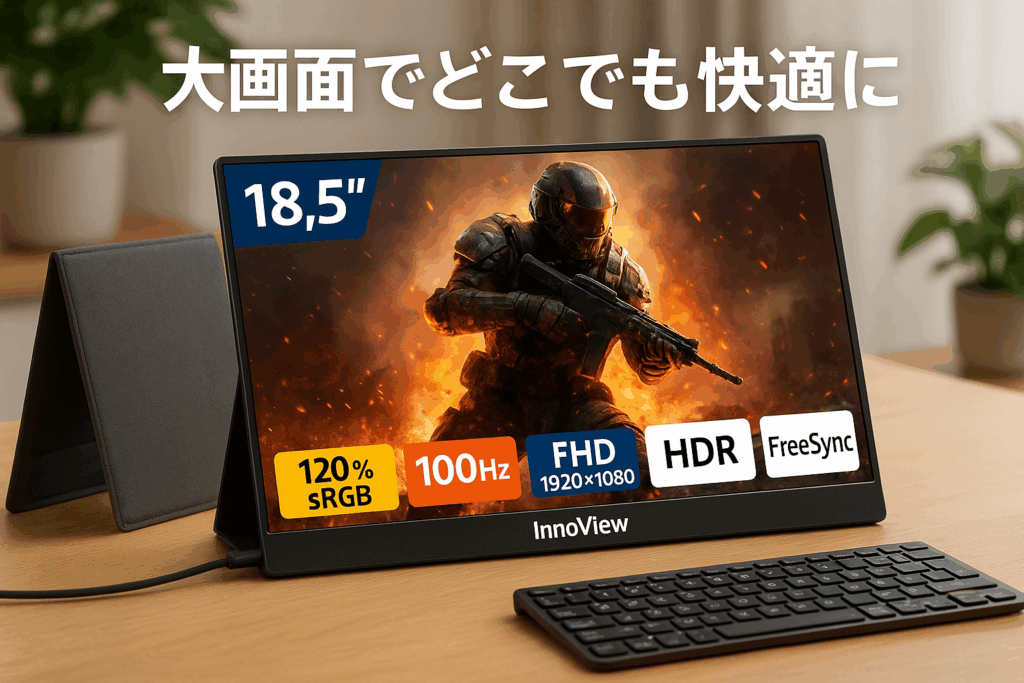 モバイルモニター 18.5インチ InnoView モバイルディスプレイ 120%sRGB 100Hz 1920x1080 FHD 大画面 ゲーミングモニター ポータブルモニター IPS液晶パネル 非光沢 HDRモード FreeSync ブルーライト機能 Type-C/標準HDMI/PS4/PS5/XBOX/Switchなど対応 壁掛けに対応 内蔵スピーカー 薄型 軽量 持ち運び 無料保護ケース