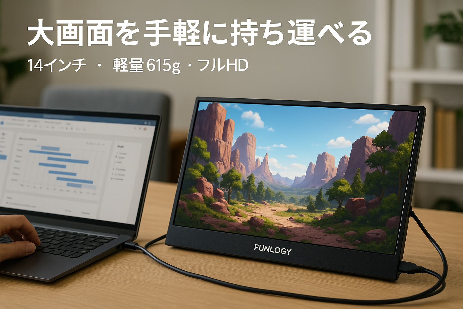 FUNLOGY Mobile Monitor（モニター/モバイルモニター）【14インチ / 軽量 薄型 615g / ノングレア/フルHD 1920×1080 / デュアルディスプレイ/リモートワーク/ゲーム/USBケーブル付属/日本ブランド】