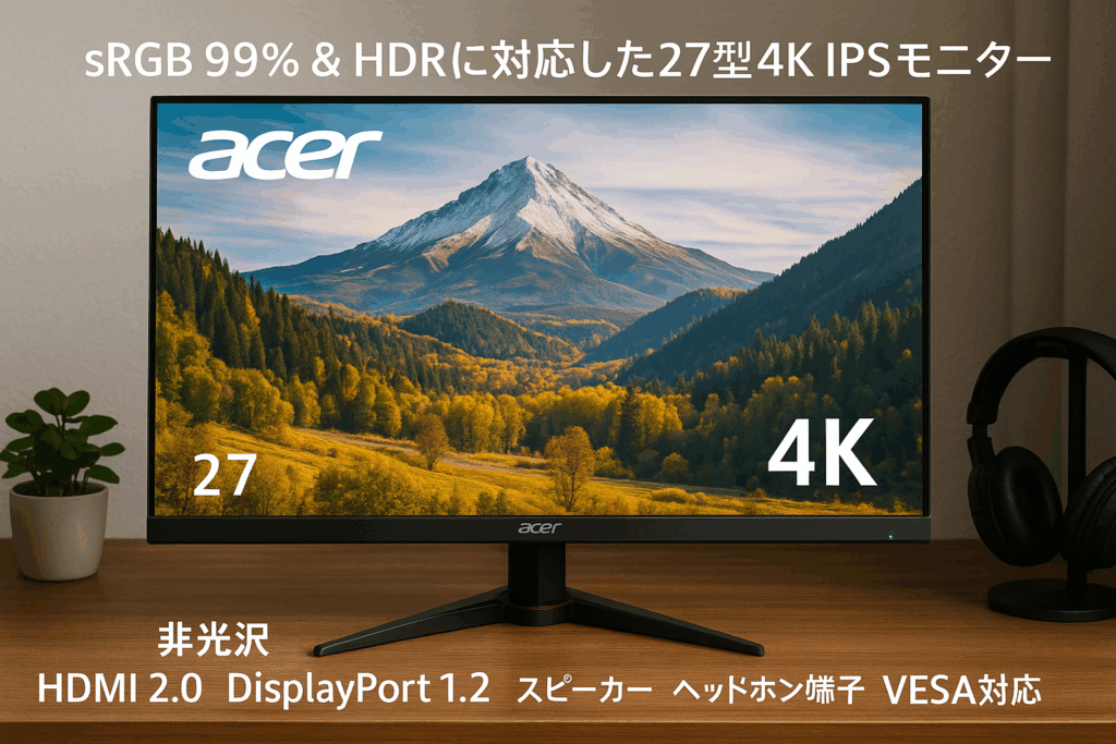 Acer 4K モニター KG2 27インチ IPS 非光沢 sRGB 99% HDR 10 HDMI 2.0 DisplayPort1.2 スピーカー内蔵 ヘッドホン端子 VESAマウント対応 KG272KLbmiipx