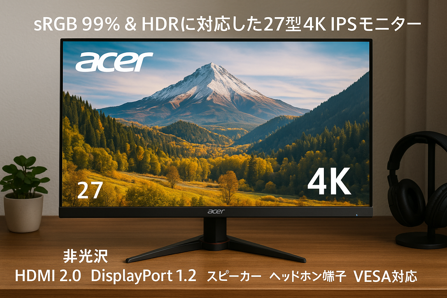 Acer 4K モニター KG2 27インチ IPS 非光沢 sRGB 99% HDR 10 HDMI 2.0 DisplayPort1.2 スピーカー内蔵 ヘッドホン端子 VESAマウント対応 KG272KLbmiipx