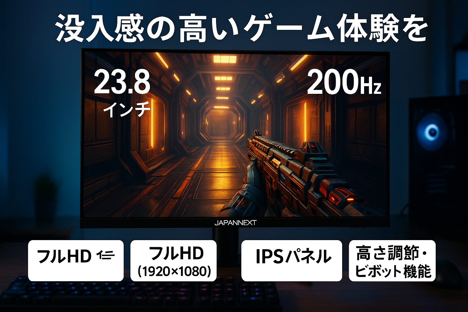 JAPANNEXT 23.8インチ ゲーミングモニター 200Hz 0.5ms フルHD 1920x1080解像度 IPS パネル ディスプレイ (HDMI/DisplayPort/VESA対応/高さ調節/回転(ピボット)機能/ブルーライトカット / 視野角178°) JN-IPS238G200F-HSP