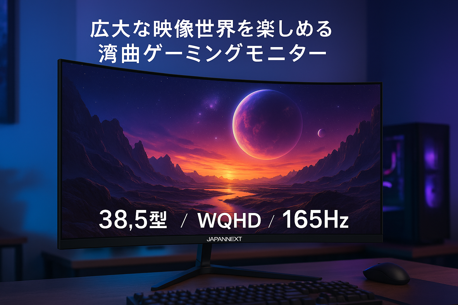 JAPANNEXT 38.5インチ VAパネル搭載 165Hz/1ms(MPRT)対応 WQHD(2560x1440)解像度 湾曲ゲーミングモニター JN-VC39G165Q-C6 HDMI DP USB Type-C(最大65W給電) HDR sRGB:99% DCI-P3:88% PS5 WQHD:120Hz接続 湾曲率(R3000) PBP/PIP対応【2年保証】