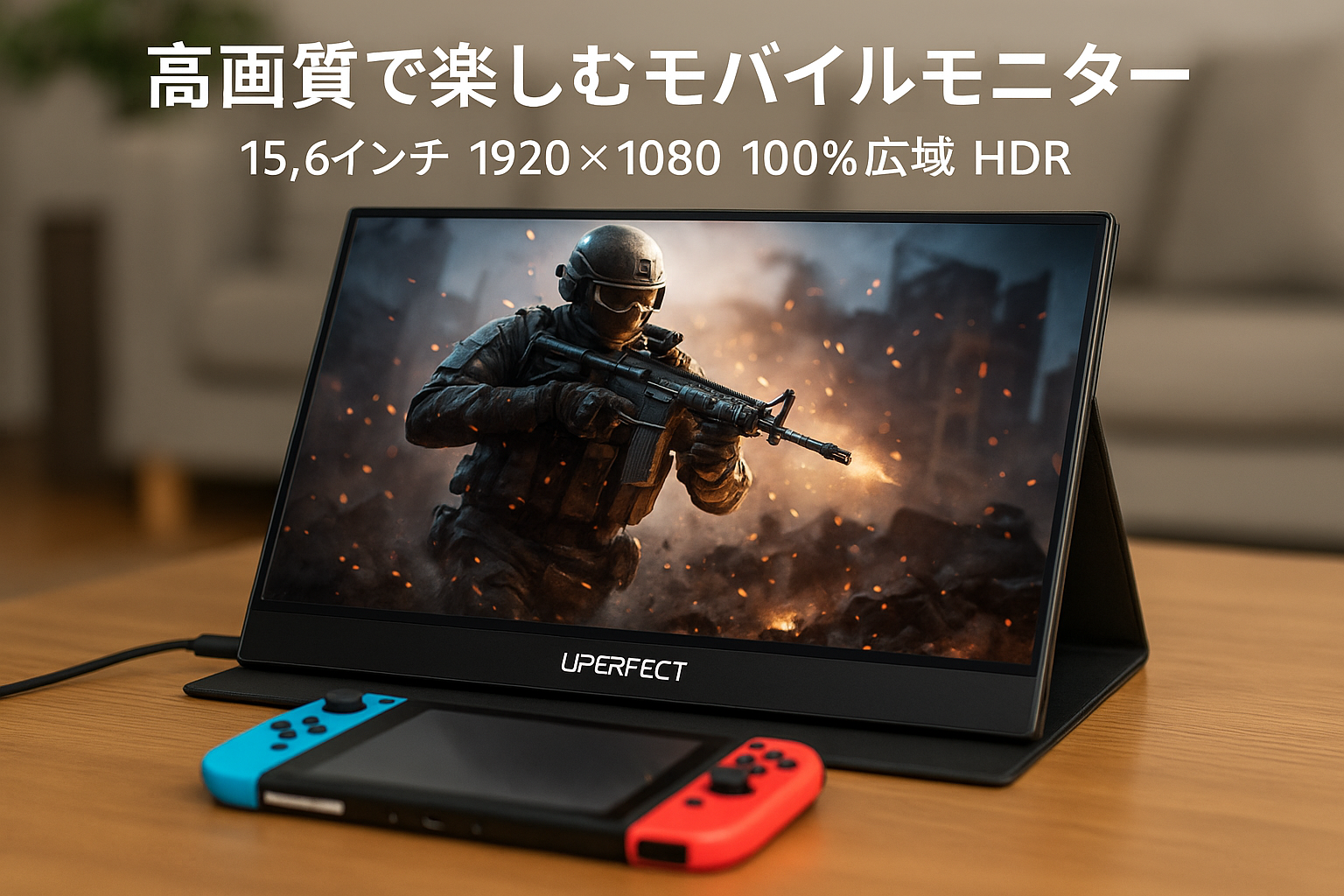 モバイルモニター 15.6インチ UPERFECT モバイルディスプレイ 1920*1080 100%広色域 HDR ゲーミングモニター ポータブルモニター IPS液晶パネル ブルーカット 薄型 軽量持ち運び ペンホールスタンド VESA 保護カバー USBType-C 標準HDMI スピーカー内蔵 Switch/PS3/PS4/PS5/Xbox/PC/スマホ/Macなど対応 ブラック