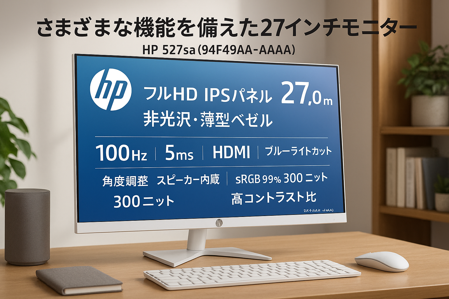 HP モニター 527sa 27.0インチ フルHD IPSパネル 非光沢 薄型ベゼル 100Hz 5ms HDMI VGA ブルーライトカット 角度調整 スピーカー内蔵 sRGB99% 300nits 高コントラスト比 ホワイト(型番：94F49AA-AAAA)