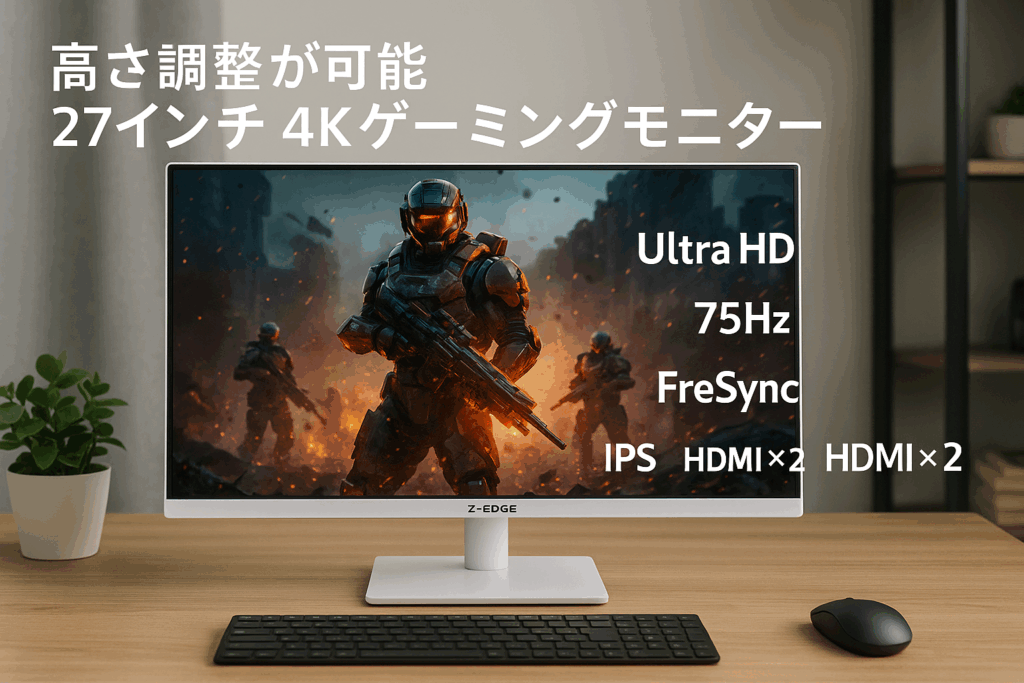 Z Z-Edge 4Kモニター 27インチ Ultra HD 、75Hz 高さ調整可能 3840x2160 IPS LED ゲーミングモニター、250cd/m²、HDMIx2+DPx2、U27I4K FreeSync ホワイト