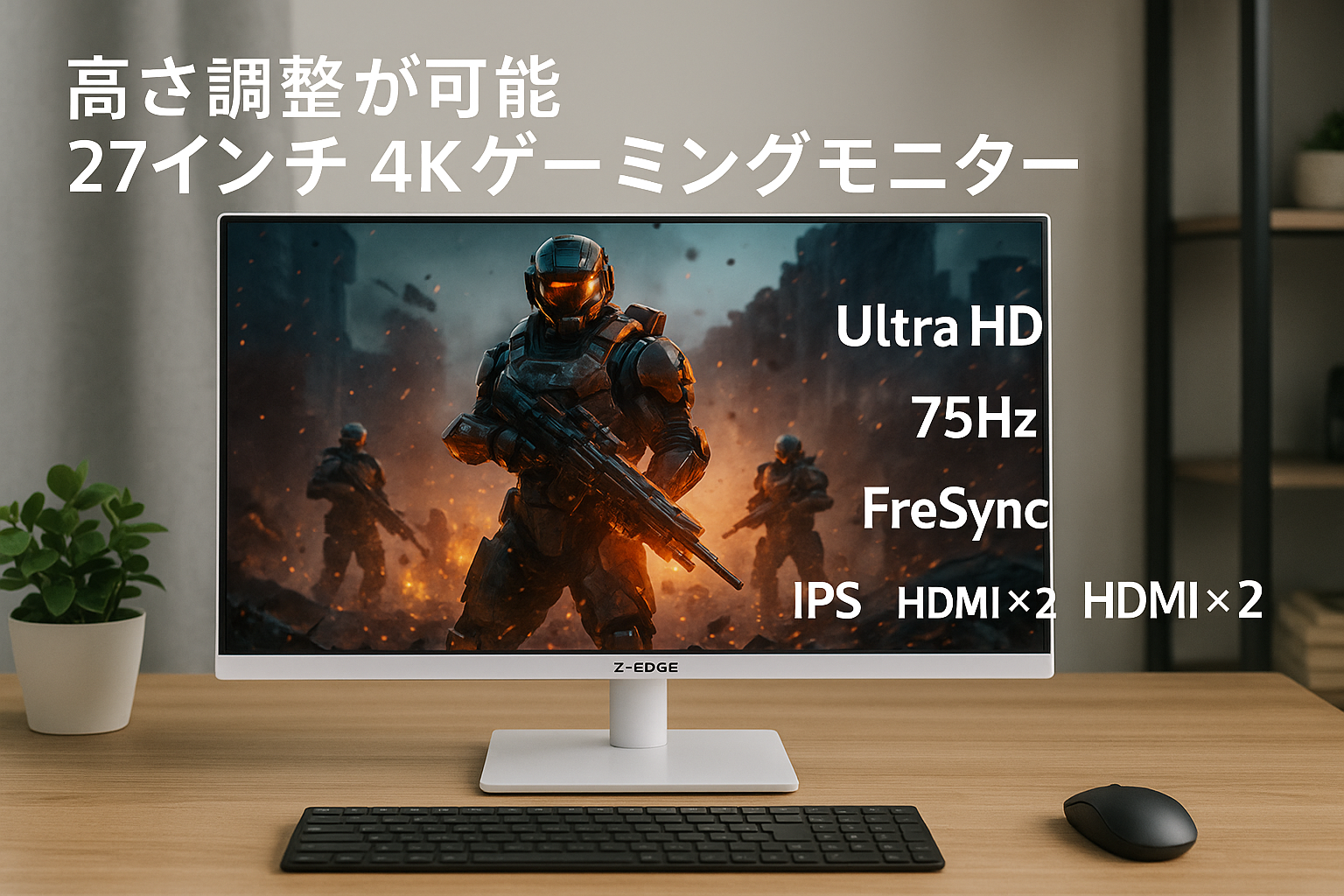 Z Z-Edge 4Kモニター 27インチ Ultra HD 、75Hz 高さ調整可能 3840x2160 IPS LED ゲーミングモニター、250cd/m²、HDMIx2+DPx2、U27I4K FreeSync ホワイト