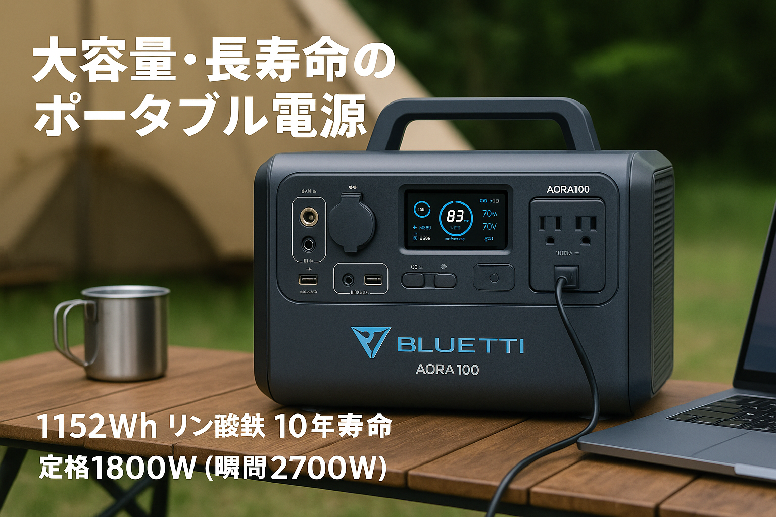 BLUETTI ポータブル電源 AORA 100 日本限定モデル 1152Wh リン酸鉄リチウム 10年長寿命 AC100V 定格出力1800W 2700W電力リフト機能 0.02秒UPS 1440W超急速充電 日本語画面 アプリ遠隔操作 耐熱防火設計 防災・キャンプ・車中泊に最適 50Hz/60Hz対応