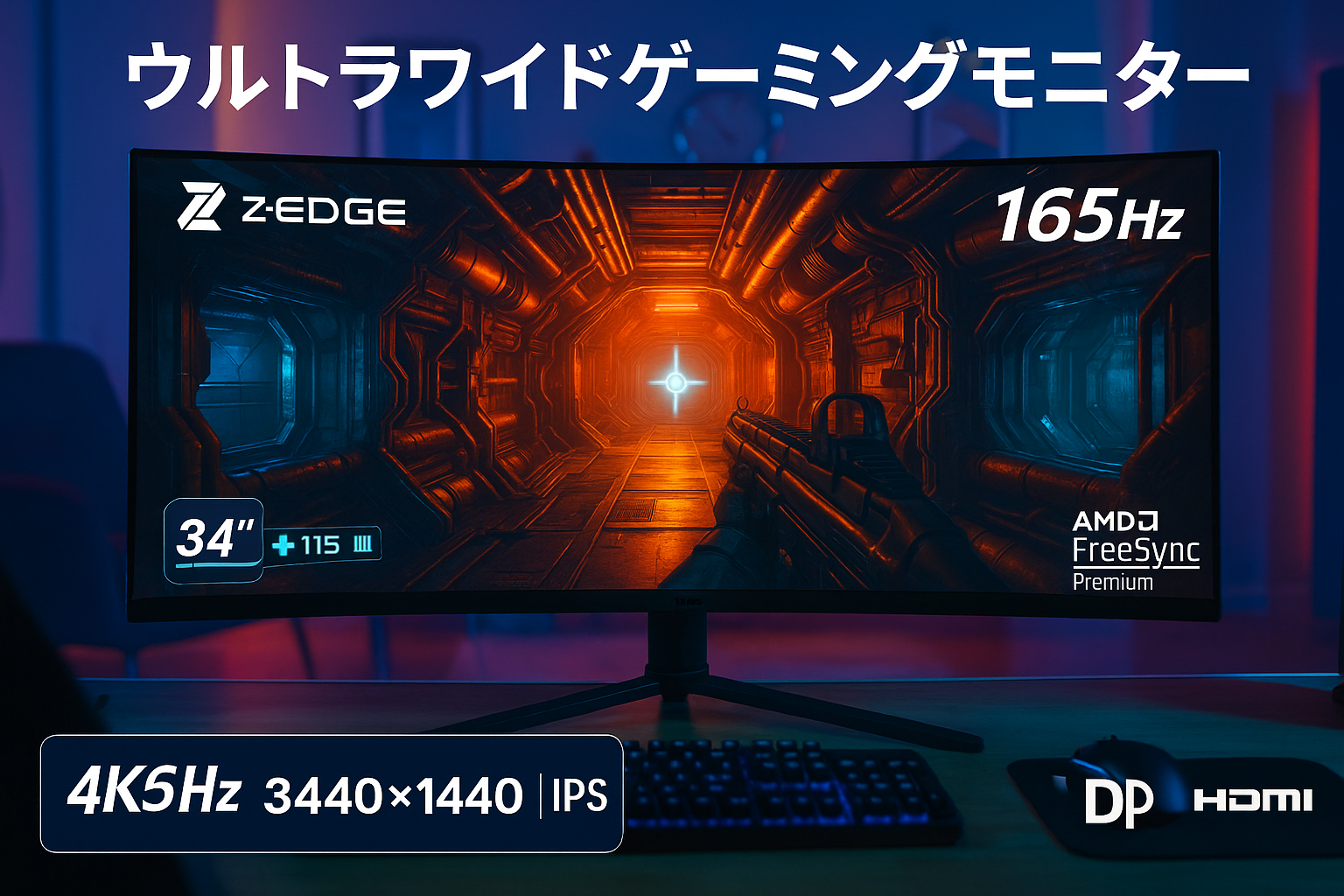Z Z-Edge ゲーミングモニター 165Hz 1ms 34インチ ウルトラワイド IPS 21:9 WQHD 3440x1440 フレームレス LED ディスプレイー AMD Freesync プレミアム DPポート HDMIポート UG34W