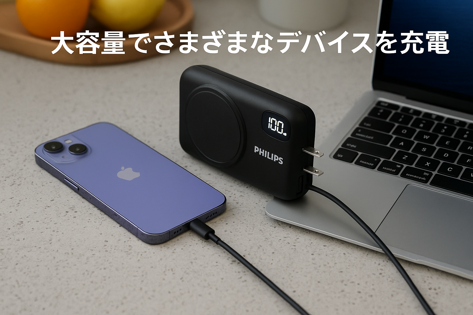 Philips(フィリップス) 10000mAh MagSafe マグネット式 モバイルバッテリー コンセント一体型 大容量 ACプラグ付 5台同時充電 MAX 22.5W出力 USB-A＆入出力USB-C PD/パススルー機能/ディスプレイ搭載】Lightning/Type-Cケーブル内蔵 旅行用電源変換プラグ PSE認証済 ブラック DLP4347CB