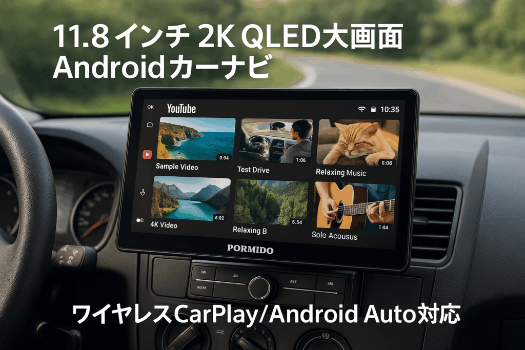PORMIDO 新登場11.8インチ 2K大画面QLED液晶 Androidカーナビ：8コア6＋128GB【Youtube、Netflixなどネット動画が視聴できるディスプレイオーディオ】ワイヤレスCarPlay/Android Auto/ミラ―リング対応 1DINカーオーディオ Bluetooth5.2/FM/AM/DSP/GPS搭載 USB動画音楽再生 バック連動 技適取得済み品【G10】
