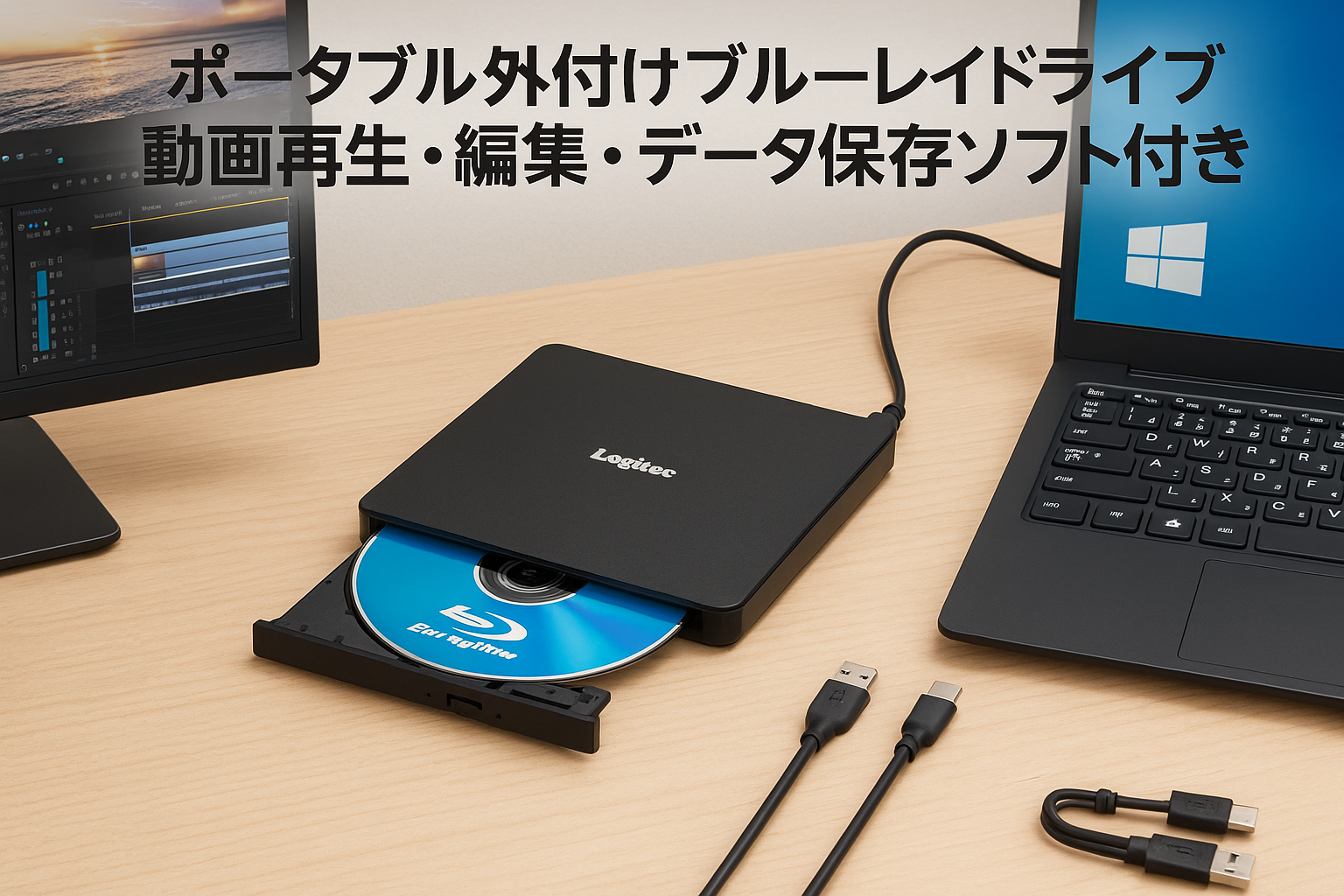 ロジテック 外付け ブルーレイドライブ 動画再生 動画編集 データ保存 ソフト付き Windows対応 USB-C Type-C USB-A Type-A M-Disc BDXL ブルーレイ再生対応 ポータブル LBD-LPWCWU3CVDB