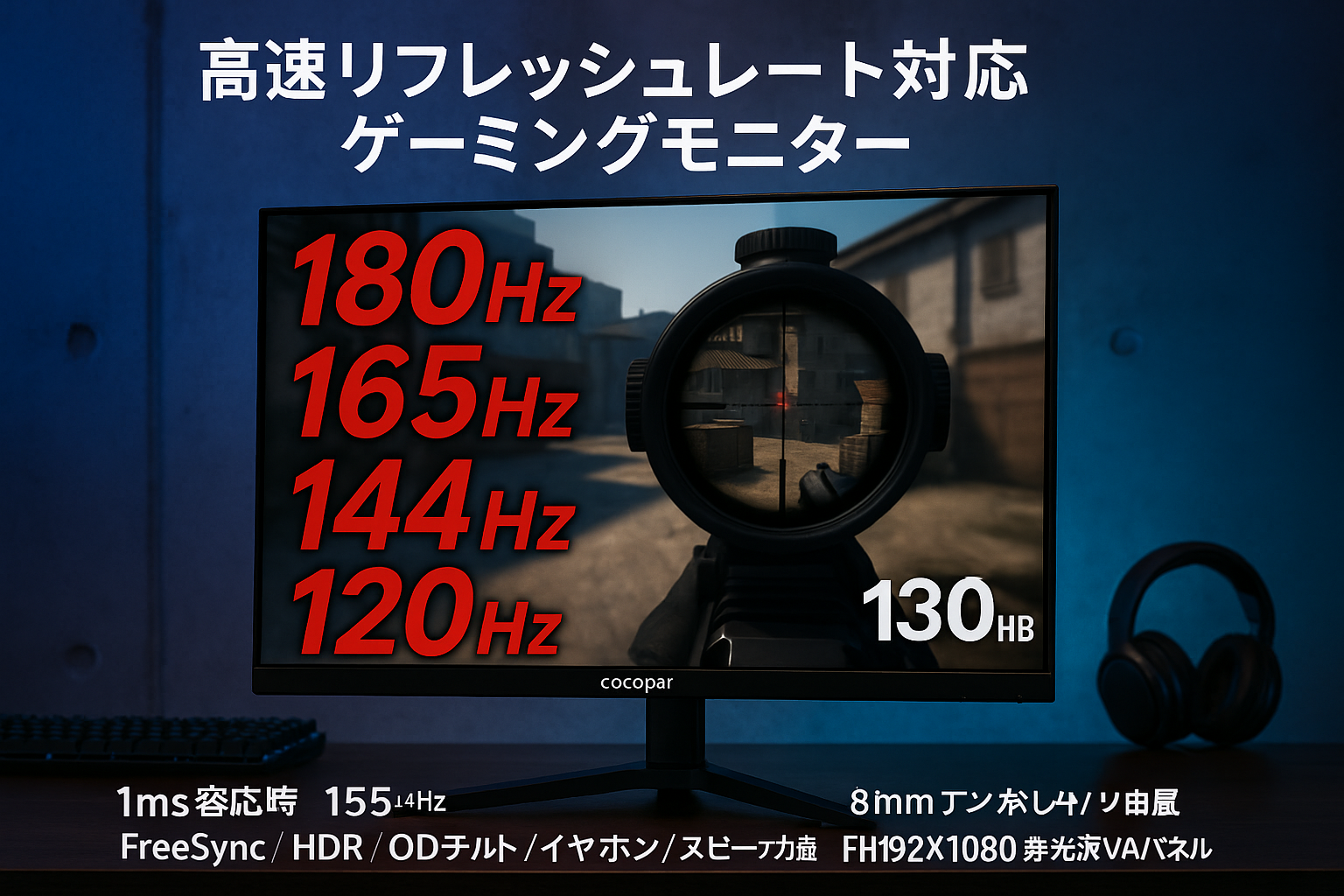 cocopar モニター 27インチ 180Hz/ 165Hz/ 144Hz/ 120Hz対応 1ms応答 HDMI2.0 DP1.4 VESA対応 2mm狭額縁 8mm薄型 FHD 1920×1080 非光沢VAパネル 射撃補助機能 角度調整可能 ゲーミングモニター/PCモニター FreeSync/HDR/OD/チルト/イヤホン/スピーカー内蔵 HG-27H