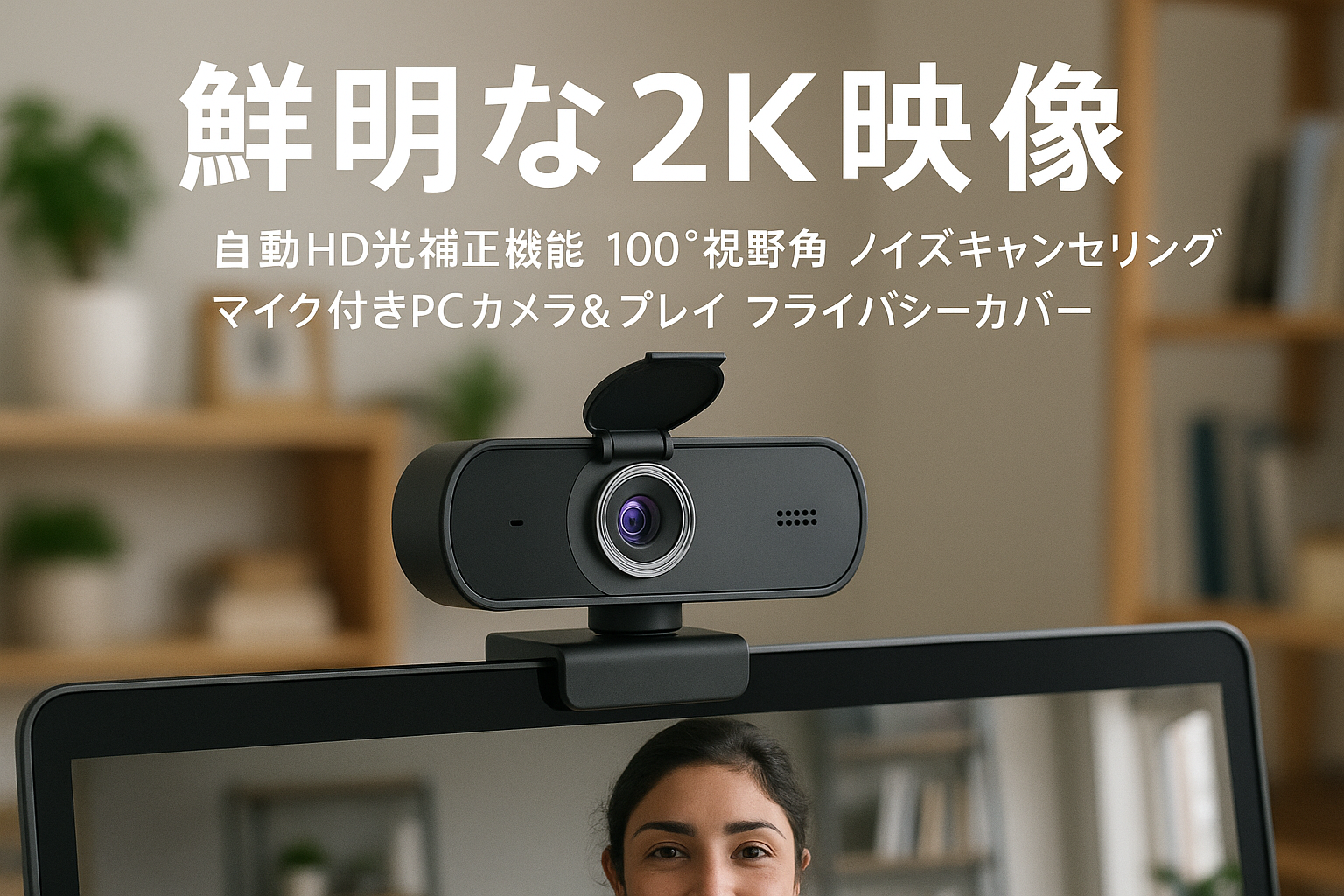 Aury webカメラ 2K ウェブカメラ 自動HD光補正機能を搭載 100°視野角 ノイズキャンセリングマイク付きpcカメラ&プレイ プライバシーカバー ビデオ会議/オンライン授業/ライブ配信用