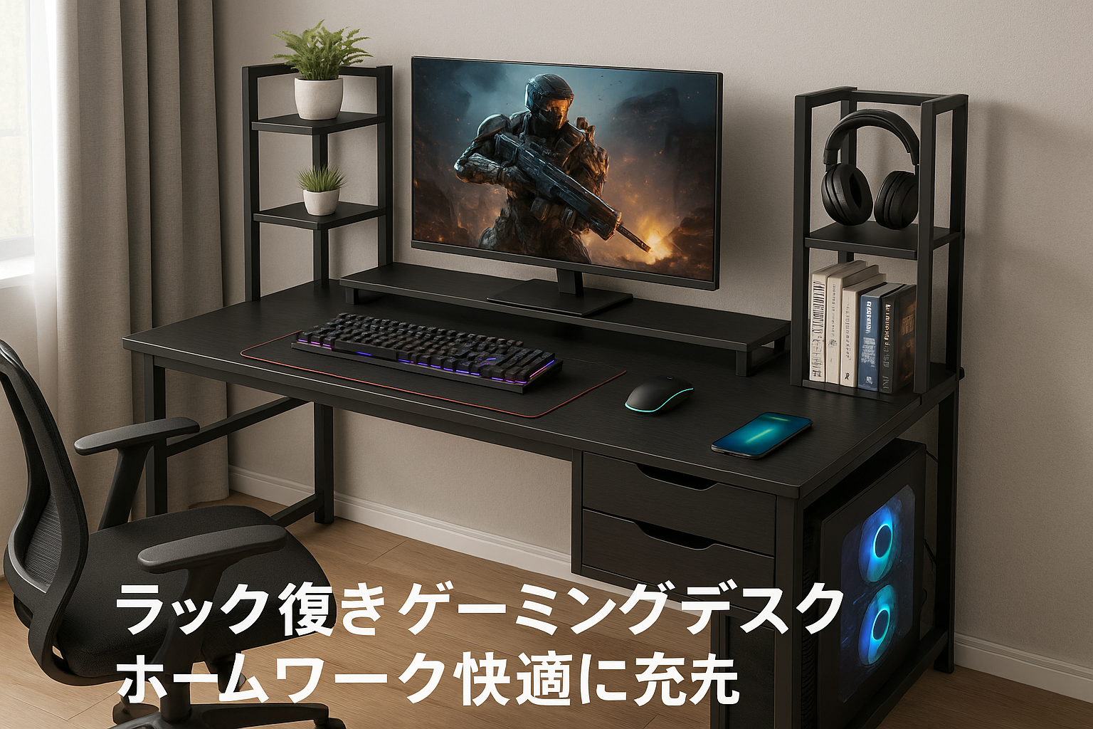 ODK ゲーミングデスク ラック付きデスク 引き出し2杯付き 幅120cm パソコンデスク 机 pcデスク モニター台付き ワークデスク オフィスデスク おしゃれ 省スペース 一人暮らし 在宅勤務 左右入れ替え対応 ブラック
