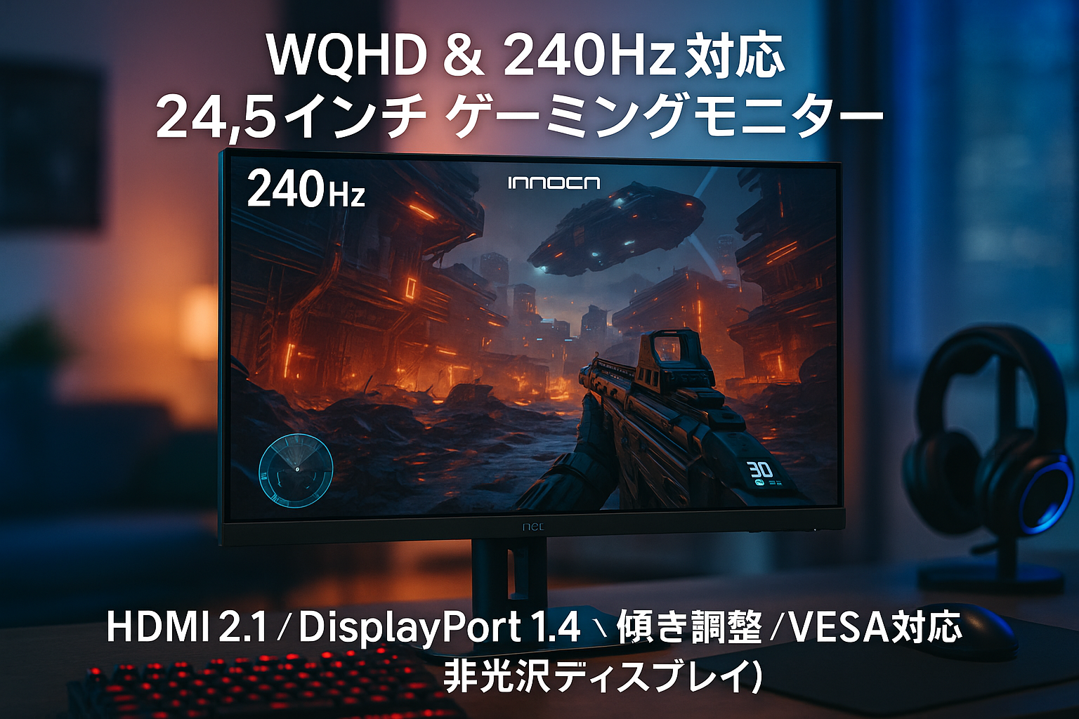 INNOCN ゲーミングモニター 24.5インチ 240Hz IPSパネル モニター WQHD ゲームモニター ブラック（HDMI 2.1x2/DisplayPort 1.4x2/傾き調整/VESA対応/非光沢ディスプレイ）25G2S