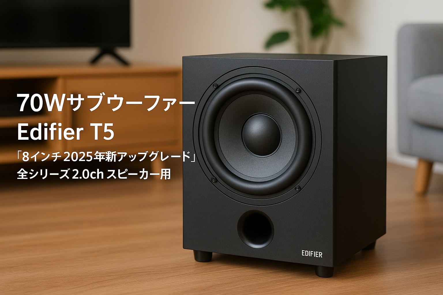 Edifier T5 70W サブウーファー スピーカー 「8インチ 2025年新アップグレード」、全シリーズ 2.0ch スピーカー用、38Hz-200Hz、3.5mm AUX、RCA接続、Edifier M60、MR3、MR4、G2000、R1280T、R1280TS、R1280DB、R1280DBS、R1700BTS、R1850DB、R990BT、S2000MKIII、QR65 対応 黒
