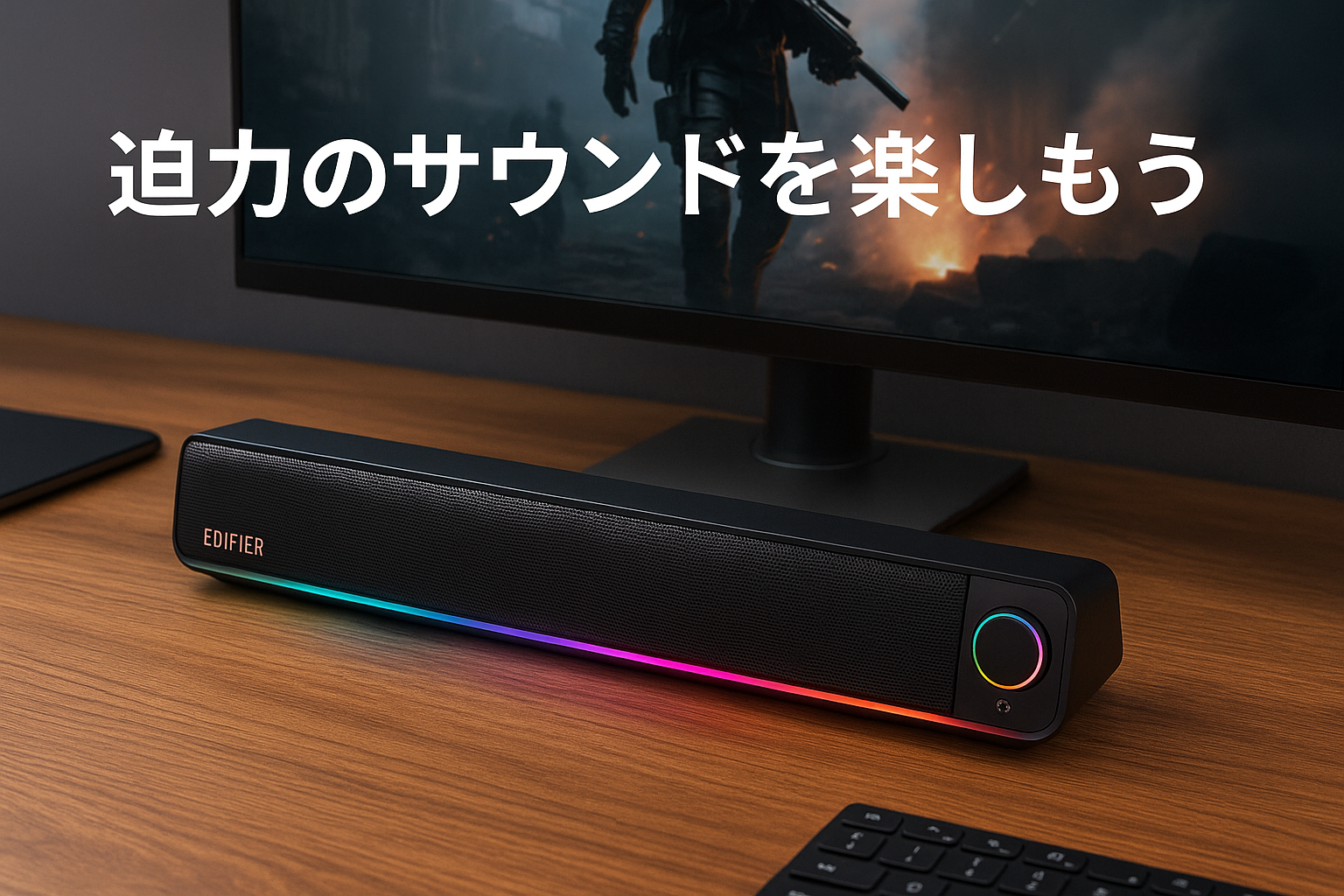 Edifier QS30 PCスピーカー サウンドバー Bluetooth 5.4 USB Type-A給電式 RGBライト付き 内蔵マイク 専用アプリ ゲーム/音楽/映画モード対応 パソコン/ラップトップ/タブレット/スマートフォン対応 ブラック