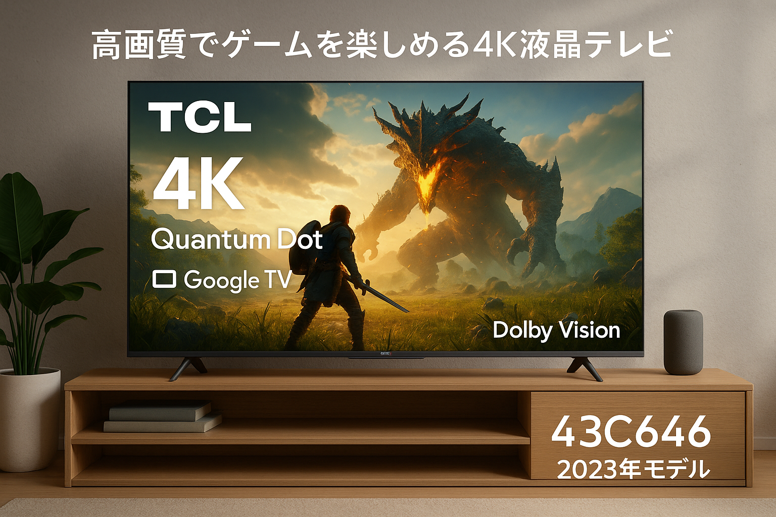 TCL 43V型 4K 量子ドット Google TV ゲームモード 液晶テレビ FreeSync Wチューナー内蔵 Dolby Vision Dolby ATMOS搭載 ネット動画対応 クロームキャスト内蔵 音声検索対応 43C646 2023年モデル