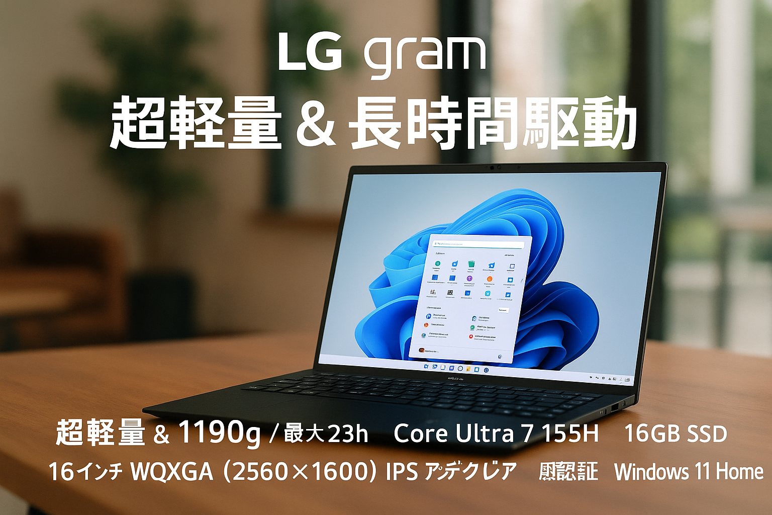LG gram/超軽量（1190g）/長時間駆動（最大23h）/Core Ultra 7 155H/メモリ 16GB/SSD 1TB/16型 IPS液晶 WQXGA(2560×1600) アンチグレア DCI-P3 99%/顔認証/Windows 11 Home/オブシディアンブラック/ノートパソコン 16Z90S-MA78J