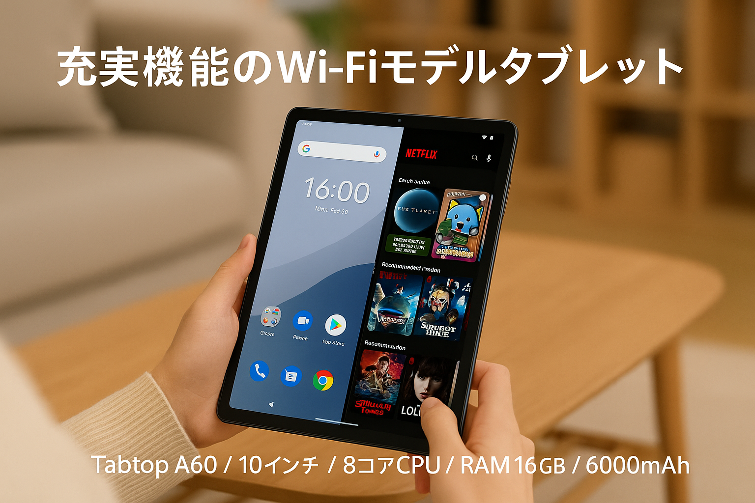 Tabtop A60 Tablet 10インチ wi-fiモデル T615チップ アンドロイド タブレット 8コアCPU RAM16GB+ROM128GB 顔認識+GPS+OTG Widevine L1&Netflix 無線投影+画面分割+FMラジオ 6000mAh 456g軽量 GMS/TELEC認証 日本語仕様書