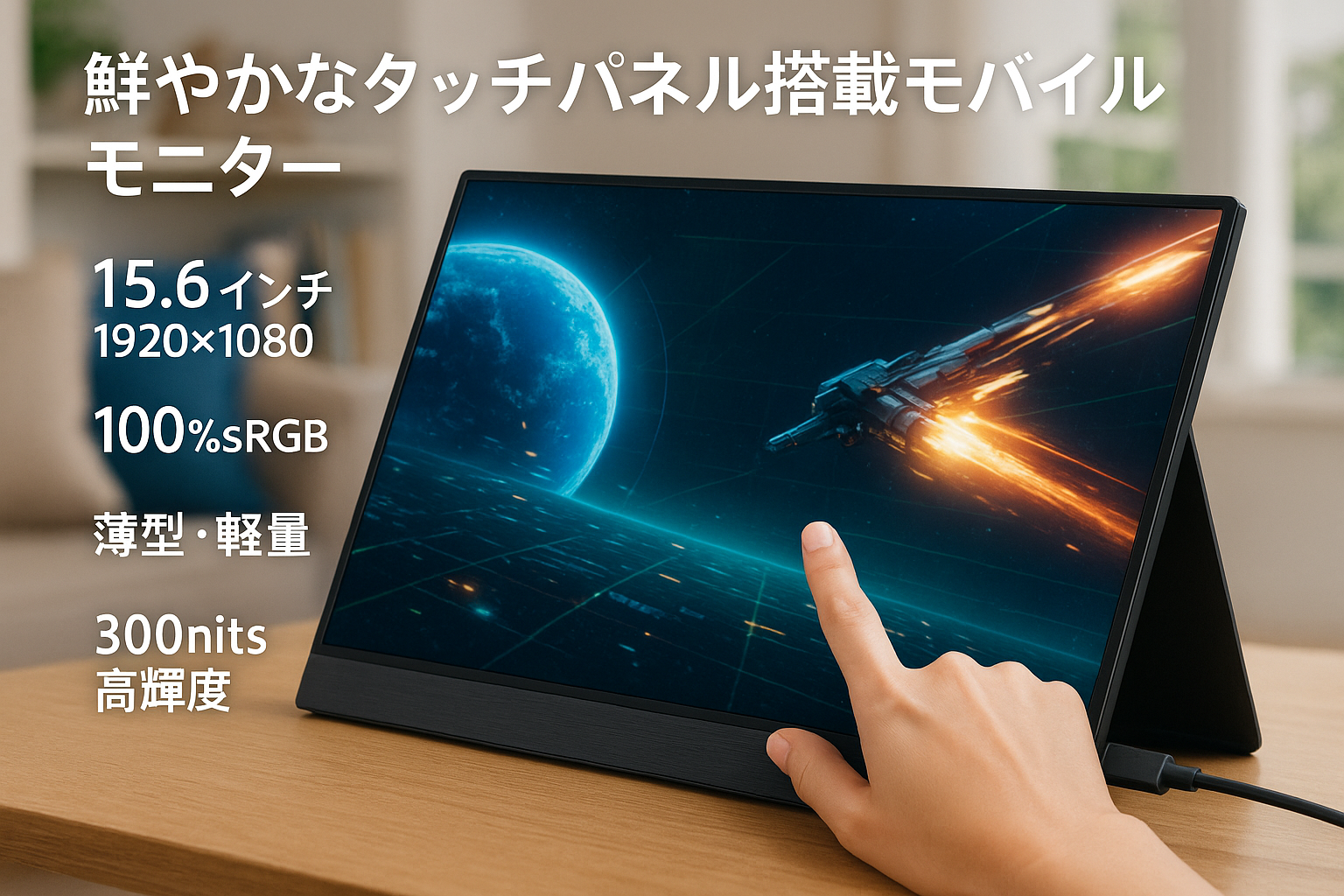 モバイルモニター タッチパネル 15.6インチ (1920*1080) モバイルディスプレイ 16:9画面比 ゲームモニター 100%sRGB広色域 薄型 軽量 ポータブルモニター 300nits 高輝度 内蔵スピーカー 45°調整可能ブラケット Type-C/HDMI PS4/PS5/Switch/PC/Macなど対応
