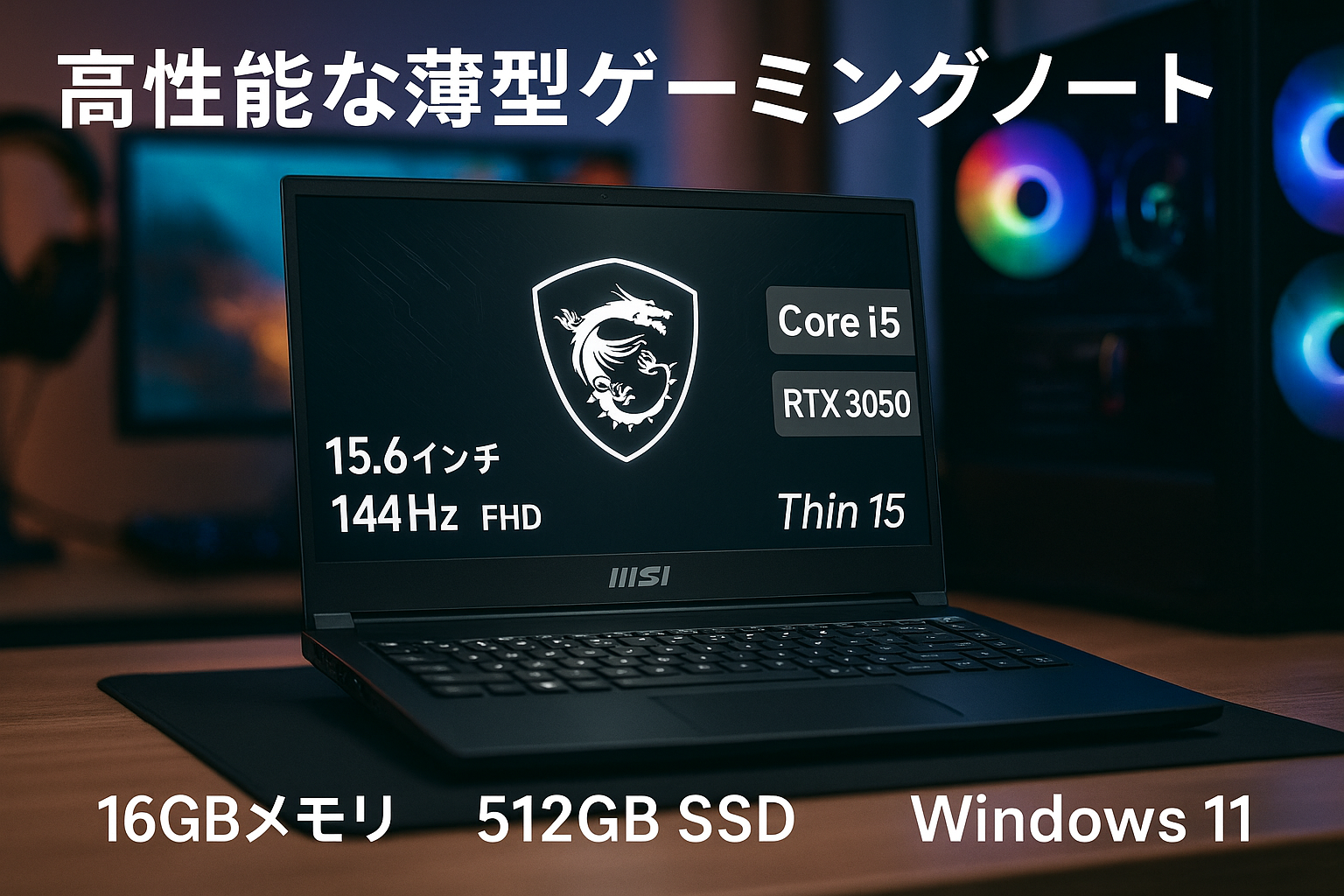 MSIゲーミングノートPC Thin15 Corei5 RTX3050/15.6インチ FHD/144Hz/16GB/512GB/Windows 11/Thin-15-B12UC-5002JP
