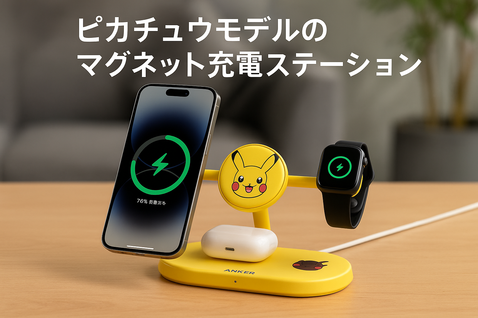 Anker マグネット式ワイヤレス充電器 ピカチュウモデル Qi2対応 マグネット式 3-in-1 ワイヤレス充電ステーション/ワイヤレス出力/Apple Watchホルダー付 MagSafe対応 iPhone 16 / 16 Pro / 16 Pro Max / 15 / 14 / 13