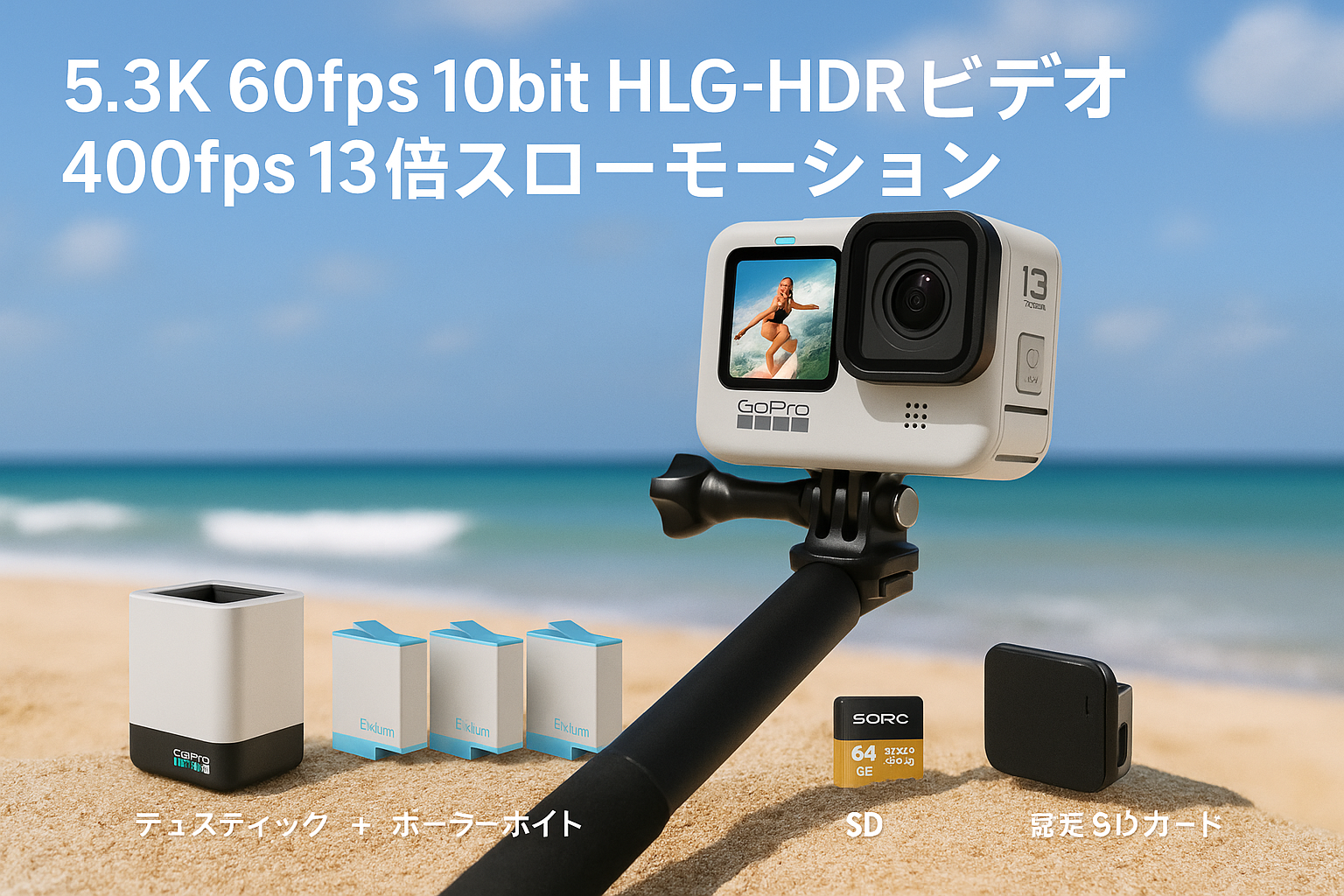 GoPro公式ストア限定 GoPro HERO13 Black ポーラーホワイト + セルフィースティック + デュアルバッテリーチャージャー + Enduroバッテリー 3個 + 認定SDカード + 充電口付サイドドア 5.3K 60fps 10bit HLG-HDRビデオ 400fps 13倍スローモーション