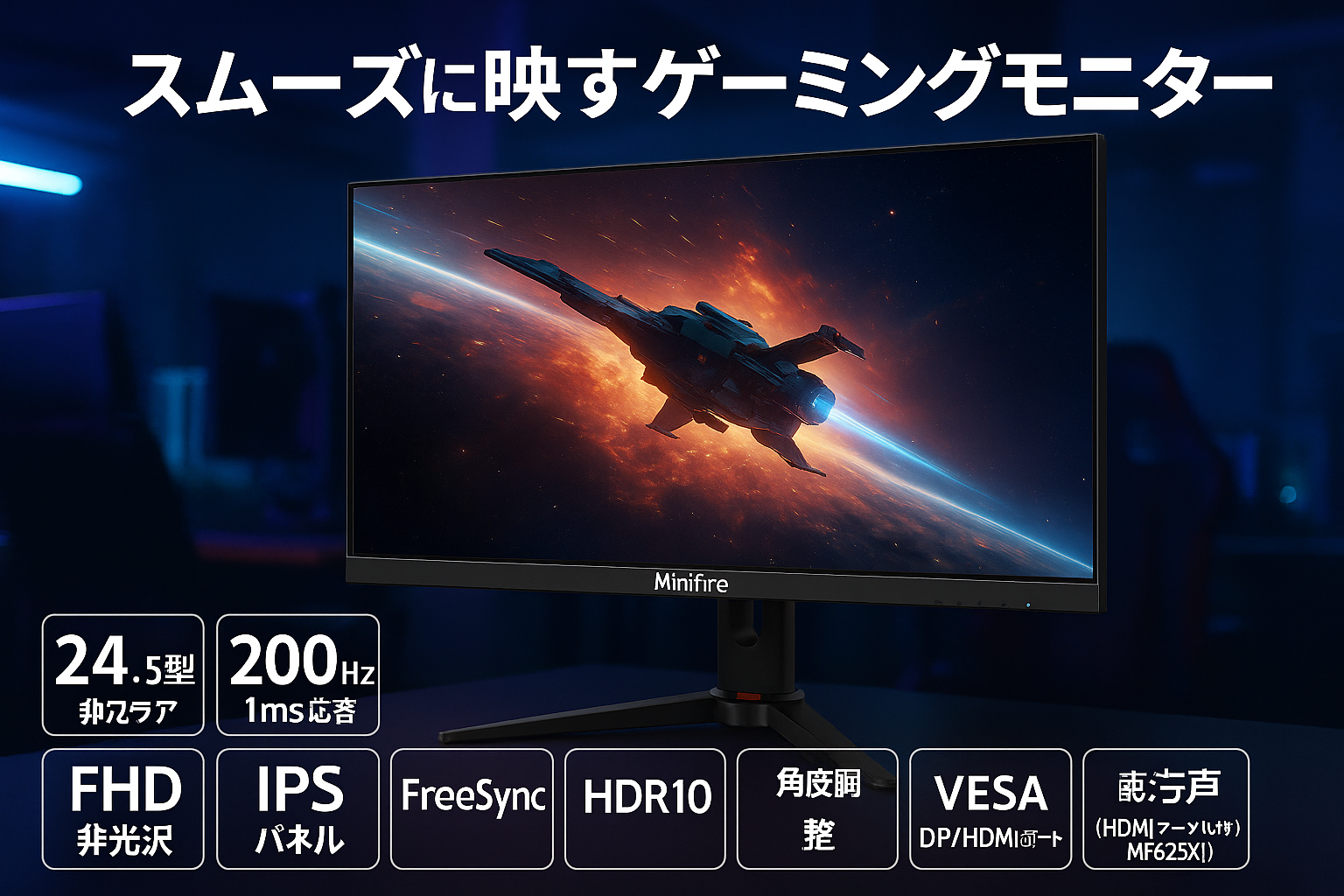 Minifireゲーミングモニター24.5インチ200Hz 1ms応答 FHD 非光沢 IPSパネル FreeSync FHD HDR10 DC1-P390% sRGB120% 角度調整 VESA対応 DP/HDMIポート スピーカー内蔵(HDMIケーブル付き-MFG25X1）