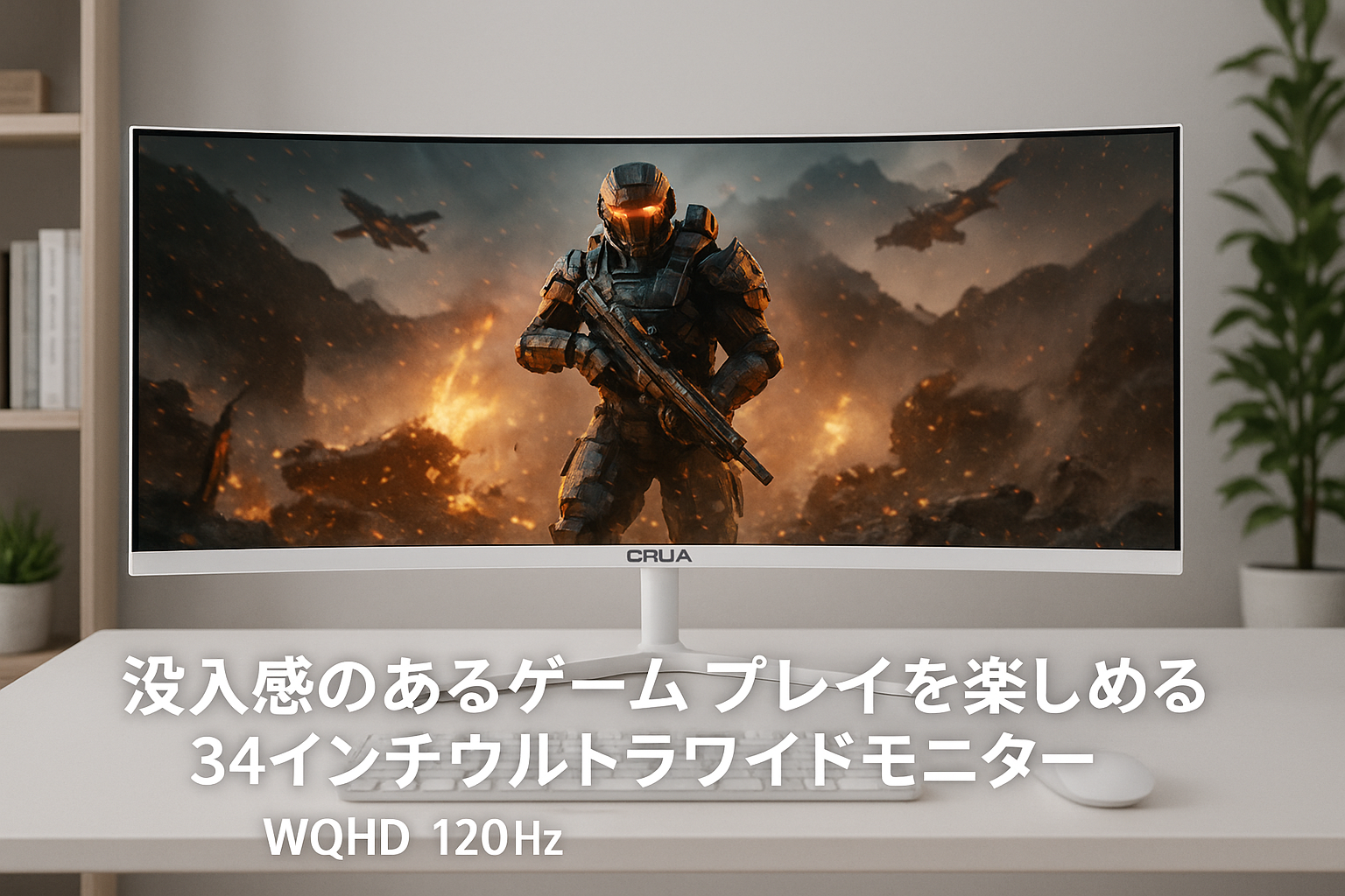 CRUA ゲーミング モニター 34インチ 白 ホワイト 21:9 ウルトラワイド PC モニター 湾曲 WQHD 3440X1440 120Hz 100%sRGB ディスプレイ/VA非光沢/1500R 曲面/薄型/HDMI2.0 & DP1.4/ブルーライト軽減/傾斜調整/広い視野角/壁掛けにも対応