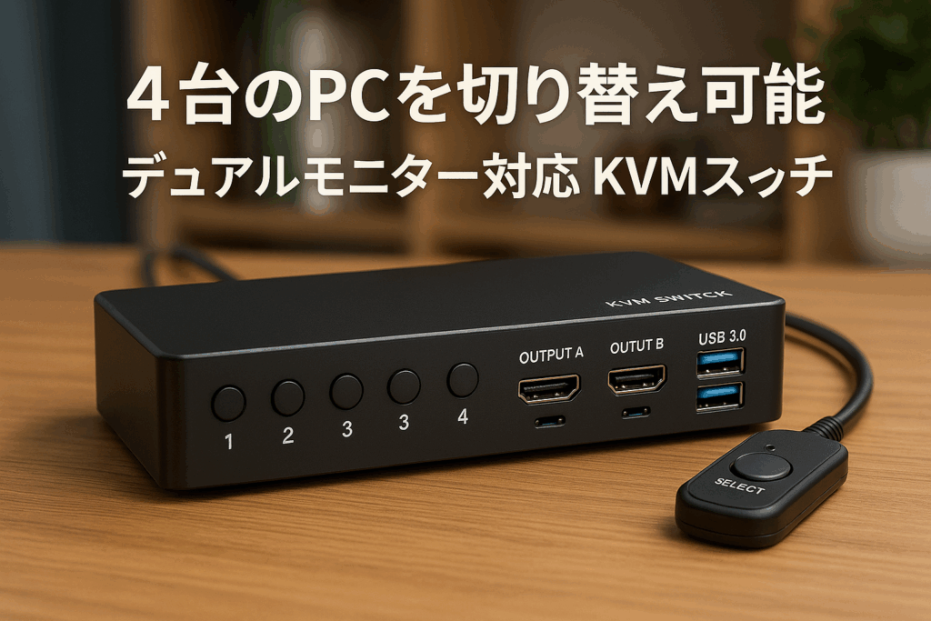 KVMスイッチ HDMI 4ポート、USB3.0 KVM デュアルモニター、UHD 4K@60Hz解像度、HDMI KVM切替器 4入力2出力、アダプティブEDID、ボタン&有線リモコン切り替え対応
