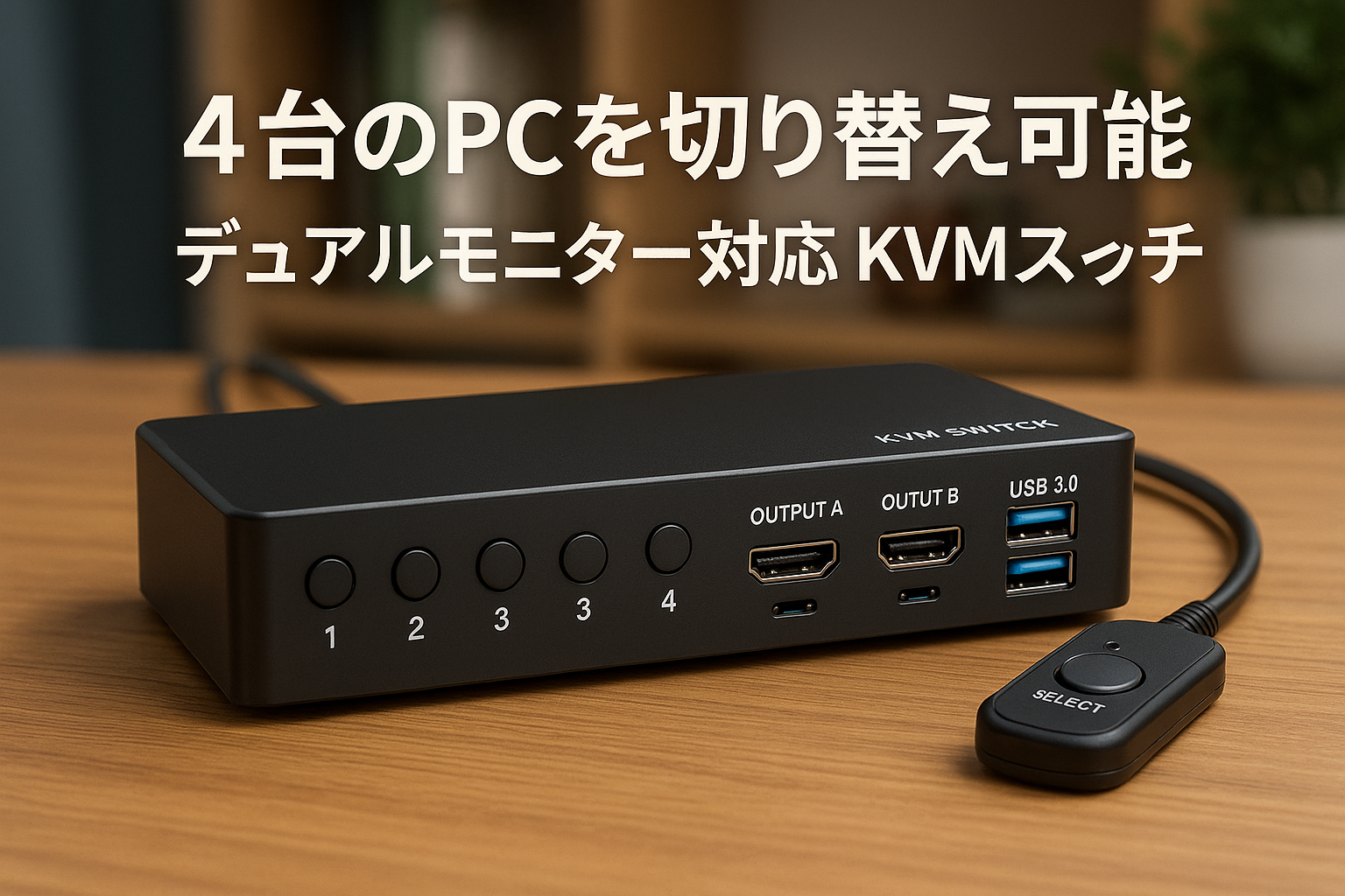 KVMスイッチ HDMI 4ポート、USB3.0 KVM デュアルモニター、UHD 4K@60Hz解像度、HDMI KVM切替器 4入力2出力、アダプティブEDID、ボタン&有線リモコン切り替え対応