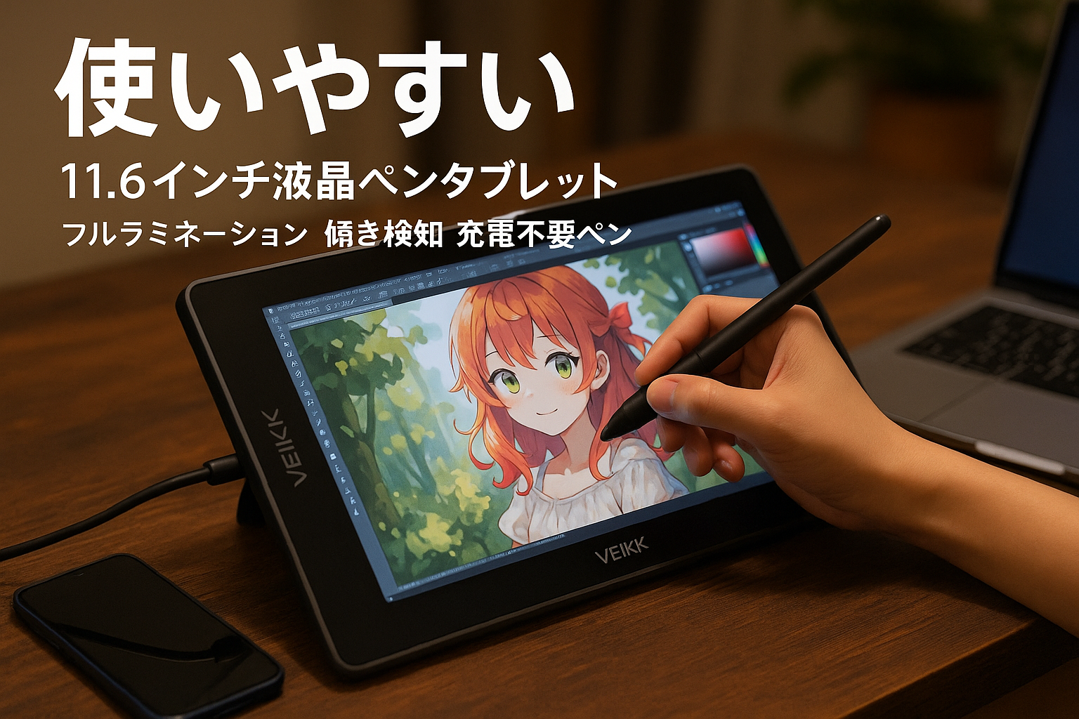 VEIKK 液タブ 11.6インチ 液晶タブレット スマホ対応 フルラミネーション加工 スリムベゼル設計 液晶ペンタブレット 筆圧8192 傾き検知 充電不要ペン 液晶ペンタブ イラスト お絵描き リモートワーク オンライン授業 Windows Mac Linux 対応 初心者 子供 学生 両利き（VK1200 V2）