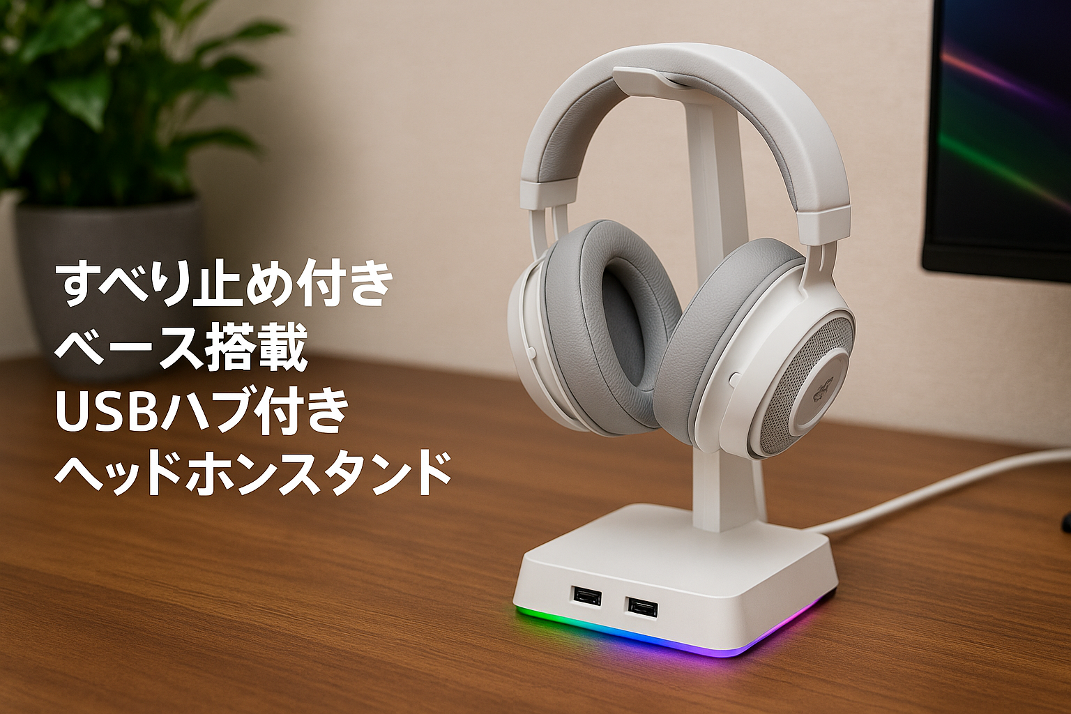 Razer Base Station V2 Chroma Mercury White ヘッドホンスタンド 滑り止めベース付き USBハブ 2ポート RGB対応 【日本正規代理店保証品】 RC21-01510300-R3M1