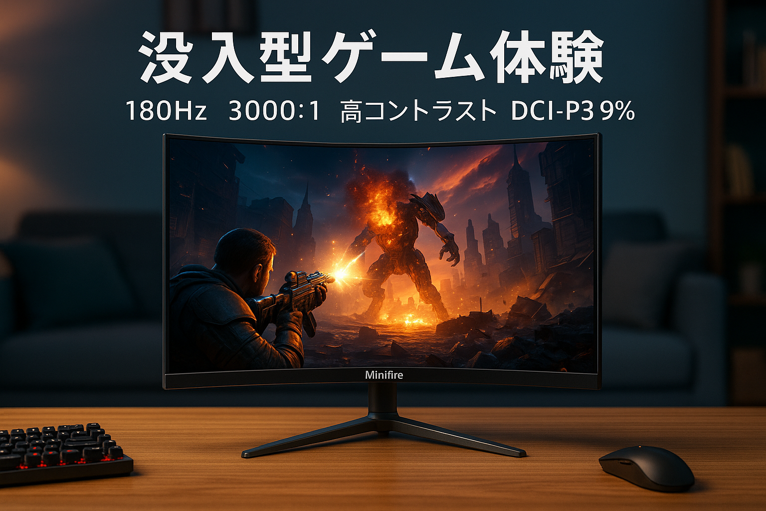 Minifire ゲーミングモニター 24インチ 180Hz 3000:1 高コントラスト DC1-P3 97% sRGB130% 湾曲 VAパネル FHD(1920x1080) 16.7M(8 bits) AMD FreeSyn Vesa HDMI 1.4 DP 1.2 スピーカー内蔵 メタルスタンド 没入型ゲーム体験 MFG24C1