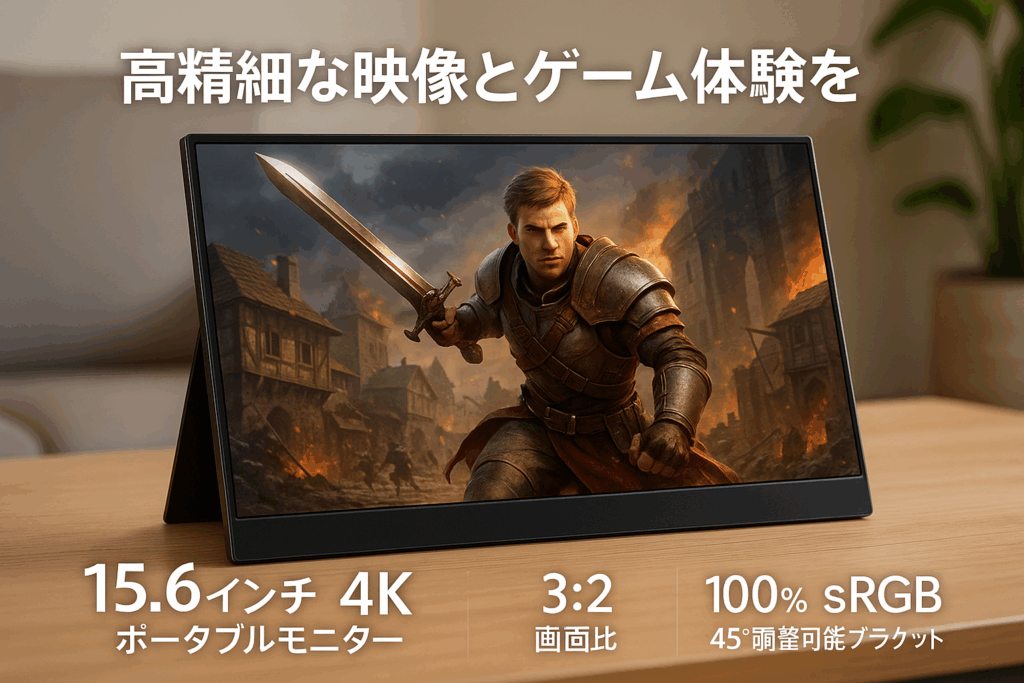 モバイルモニター 15.6インチ 4K解像度 3240*2160 モバイルディスプレイ 3:2画面比 ゲームモニター 100%sRGB広色域 500nits 高輝度 IPS液晶パネル 薄型 軽量 ポータブルモニター VESA対応 内蔵スピーカー 45°調整可能ブラケット Type-C/HDMI PS4/PS5/Switch/PC/Macなど対応