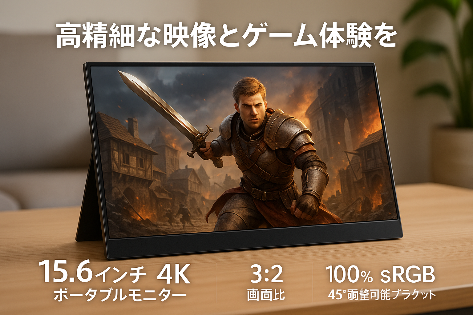 モバイルモニター 15.6インチ 4K解像度 3240*2160 モバイルディスプレイ 3:2画面比 ゲームモニター 100%sRGB広色域 500nits 高輝度 IPS液晶パネル 薄型 軽量 ポータブルモニター VESA対応 内蔵スピーカー 45°調整可能ブラケット Type-C/HDMI PS4/PS5/Switch/PC/Macなど対応