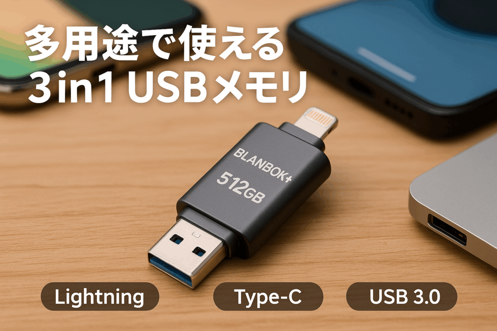 BLANBOK+ mfi認証 iphone usbメモリ 512gb usbメモリ タイプc USB3.0高速 データ移行 バックアップ 写真保存 usb 大容量 外付けメモリ3in1 メモリースティック対応 Lightning/iPhone/iPad/Android/PC