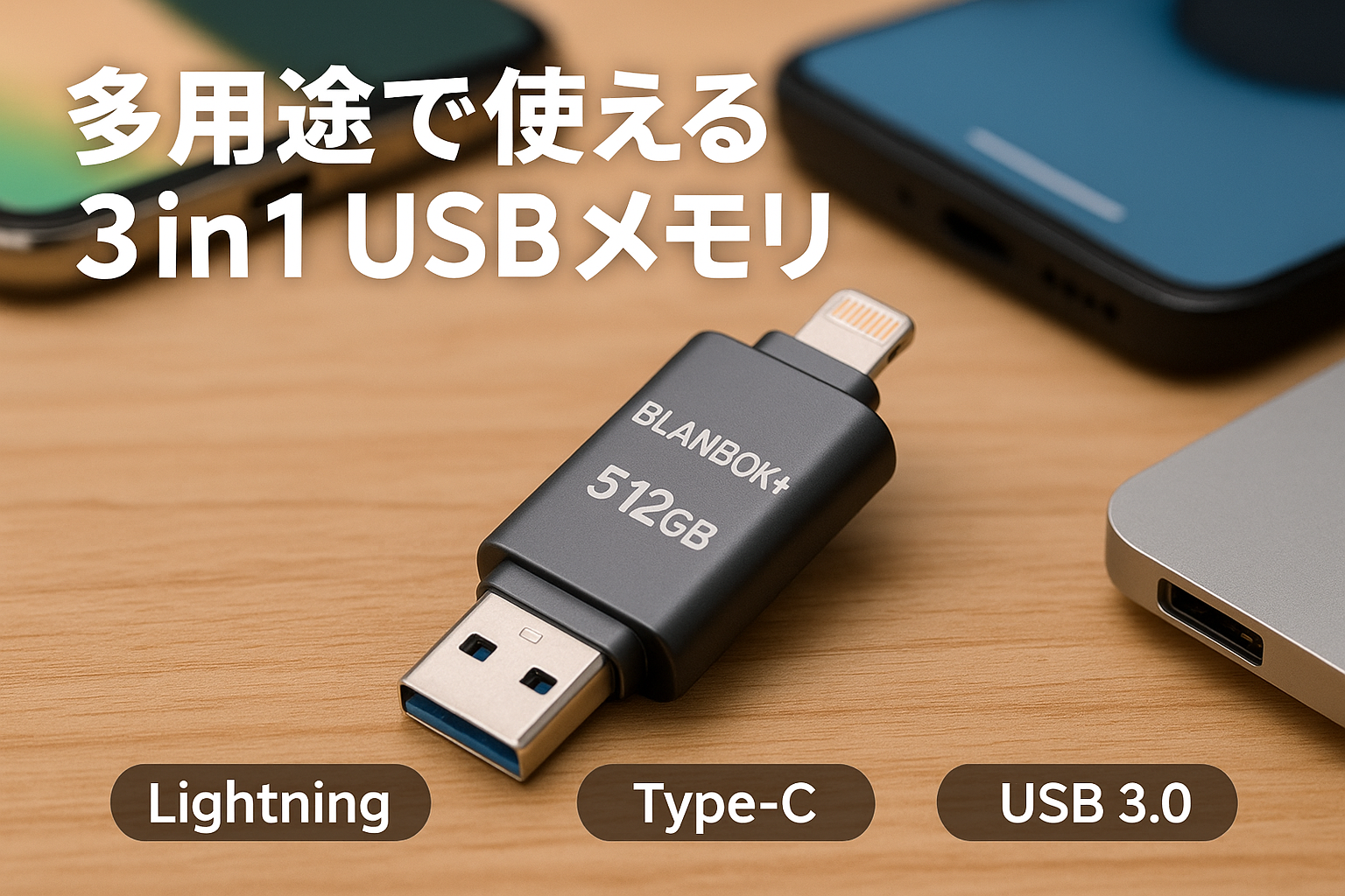 BLANBOK+ mfi認証 iphone usbメモリ 512gb usbメモリ タイプc USB3.0高速 データ移行 バックアップ 写真保存 usb 大容量 外付けメモリ3in1 メモリースティック対応 Lightning/iPhone/iPad/Android/PC